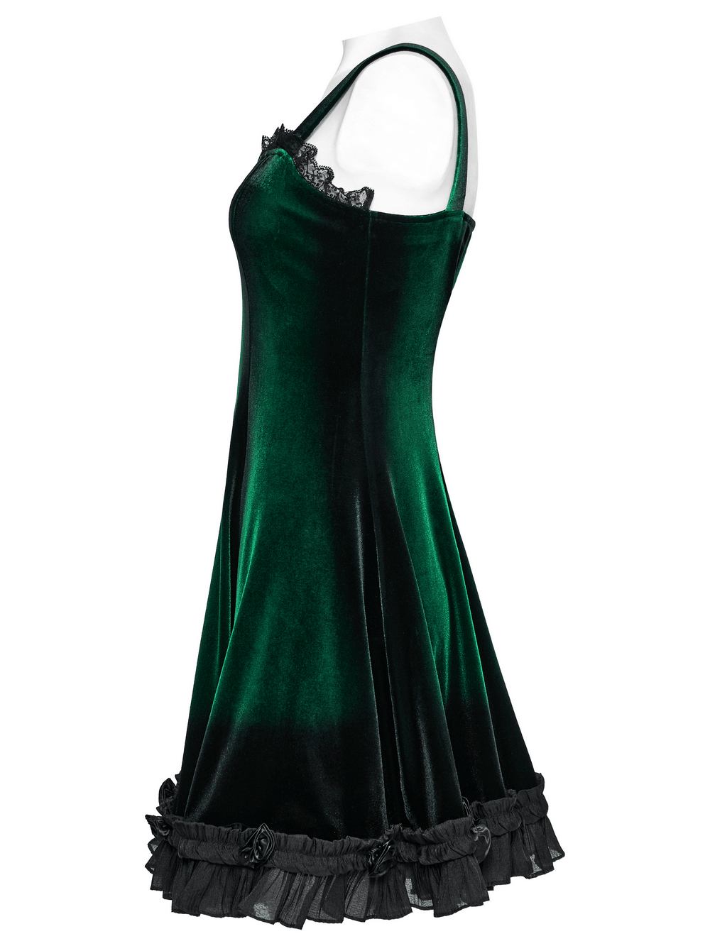 Goth velvet gradient dress with lace details and ruffled hem, showcasing a flattering A-line fit in rich green.