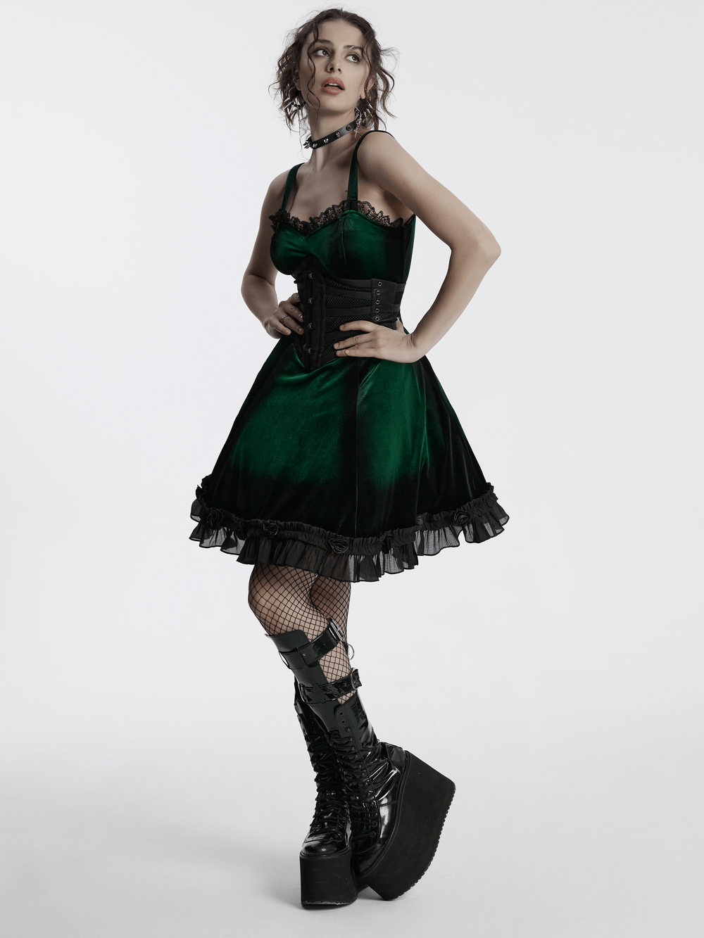 Goth velvet gradient dress with lace and ruffles, featuring a flattering A-line fit and stylish platform boots.