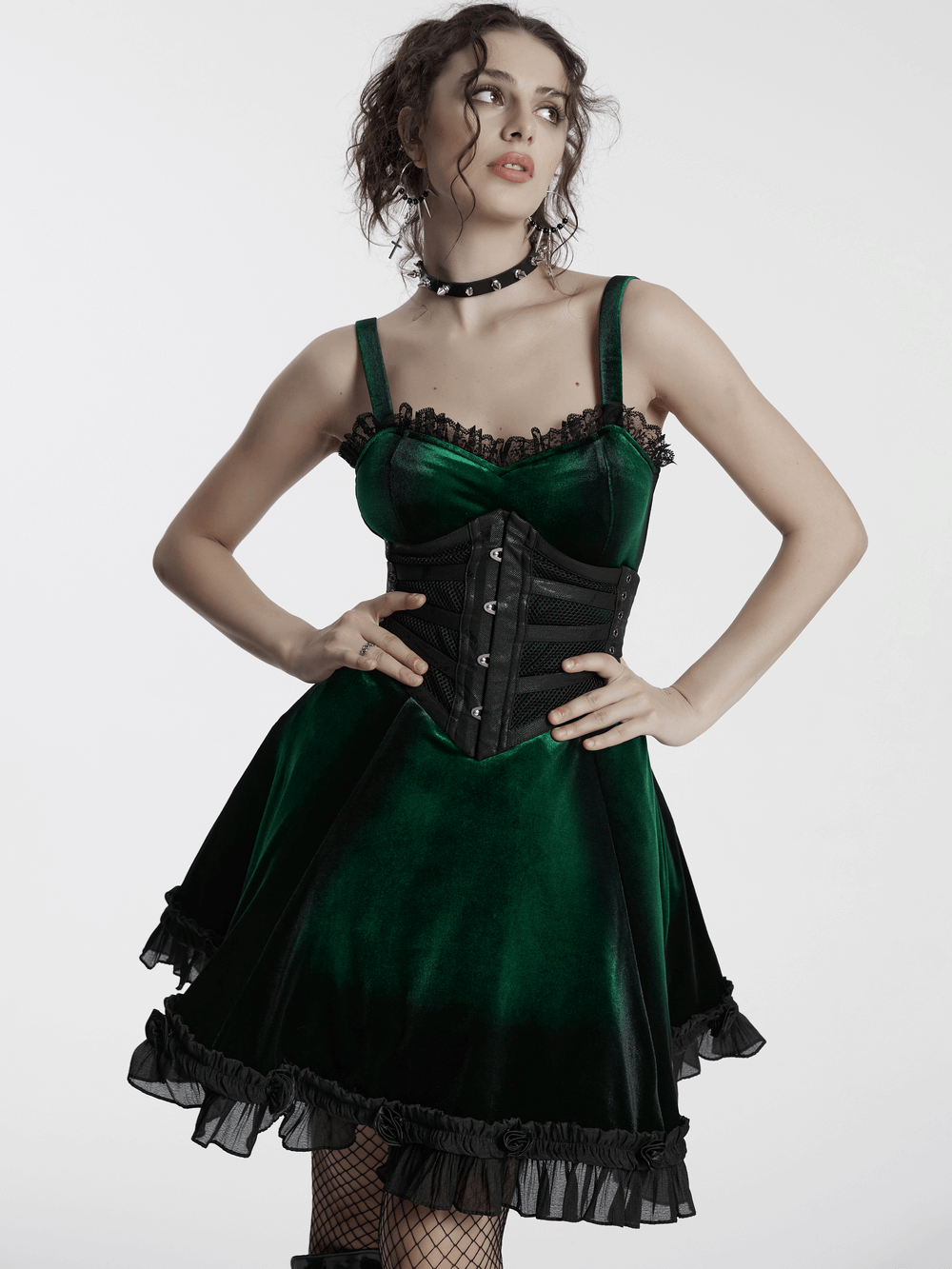 Goth velvet gradient dress in green with lace and ruffles, featuring A-line fit and corset detail.