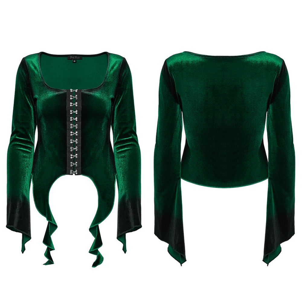 Goth velvet gradient top with square collar, metal buckles, and elegant sleeves in deep green tone.