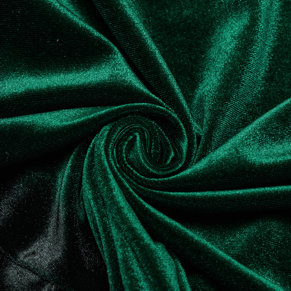 Luxurious green velvet fabric swirled to showcase its rich texture and deep color, perfect for gothic fashion.