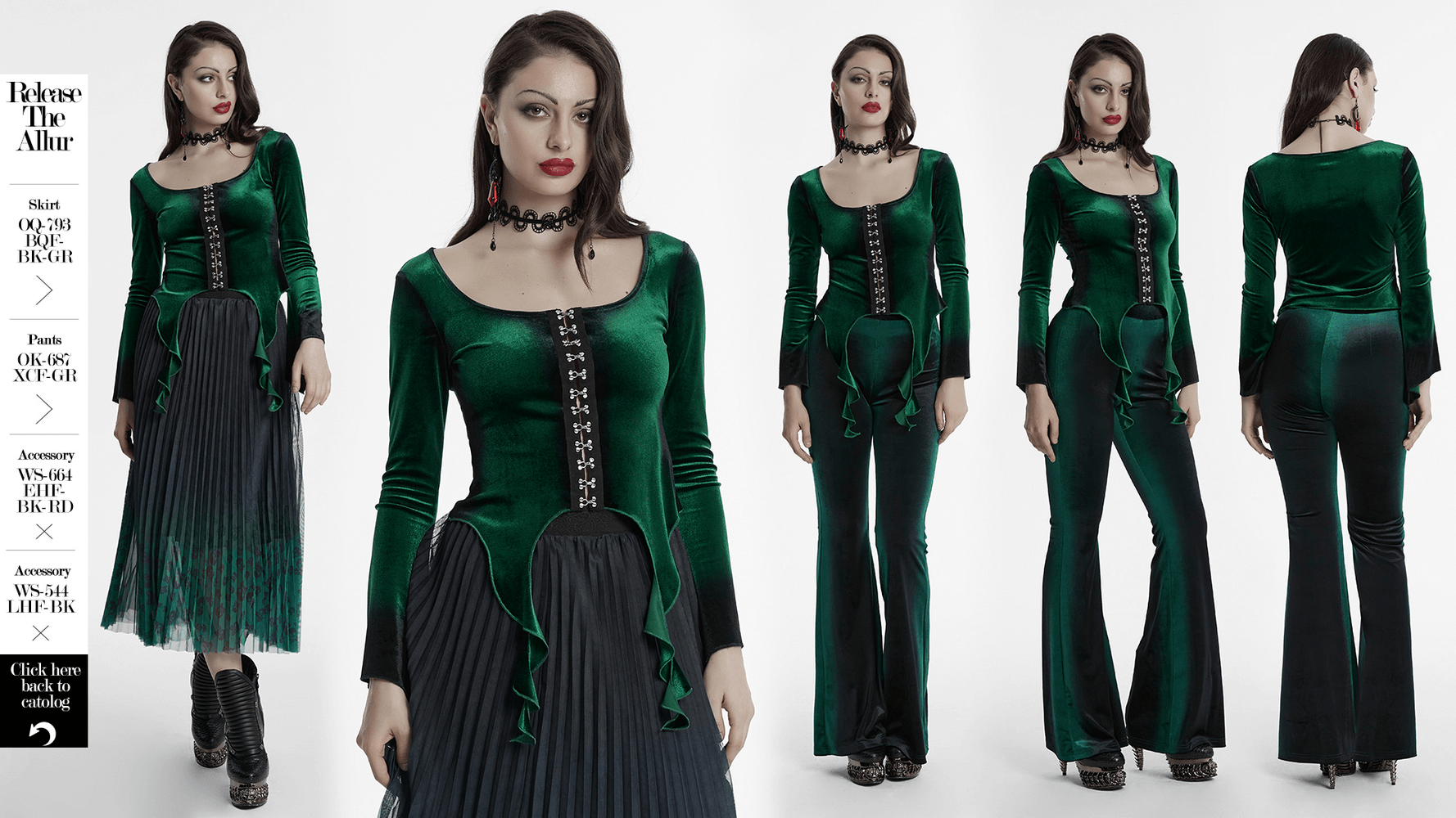 Goth velvet gradient top with square collar and metal buckles, styled with flared pants and accessories.