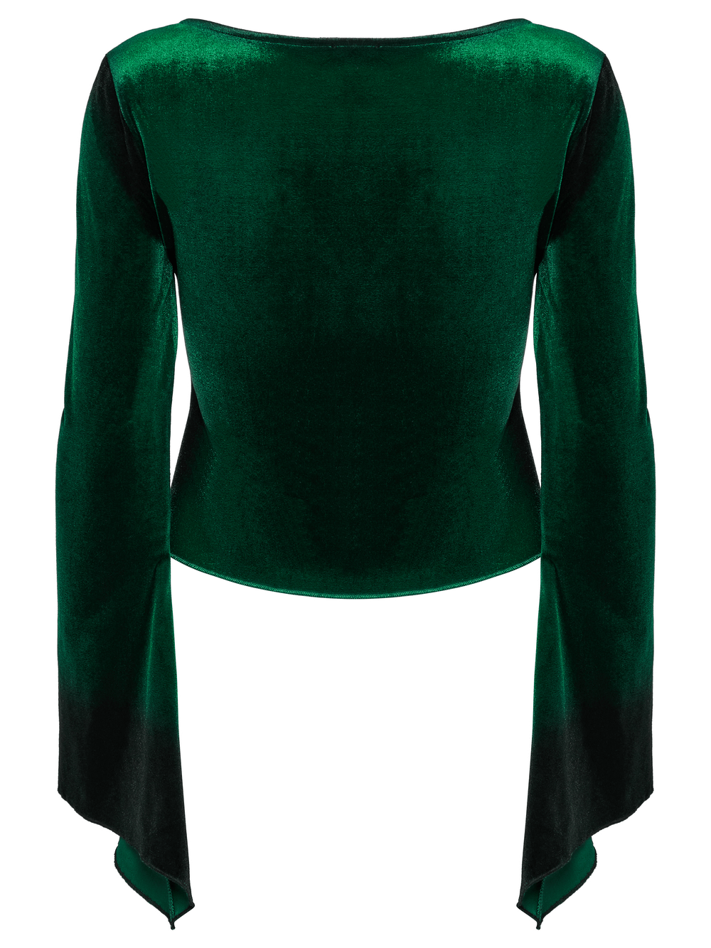 Back view of a luxe green velvet top with black gradient and flowing bell sleeves, perfect for a chic goth style.