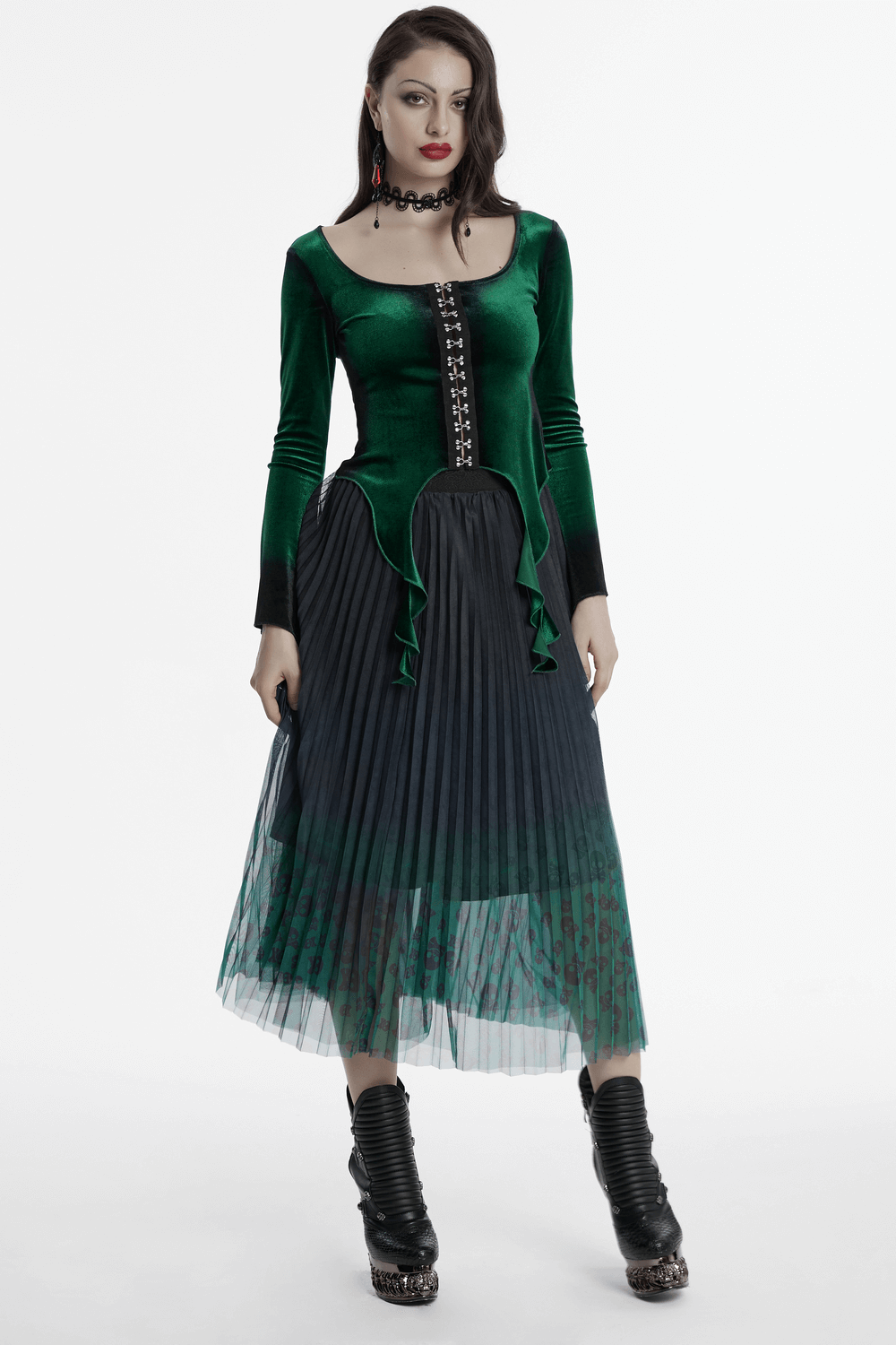 Goth-inspired velvet gradient top with metal buckles, paired with a stylish pleated skirt for a chic edgy look.