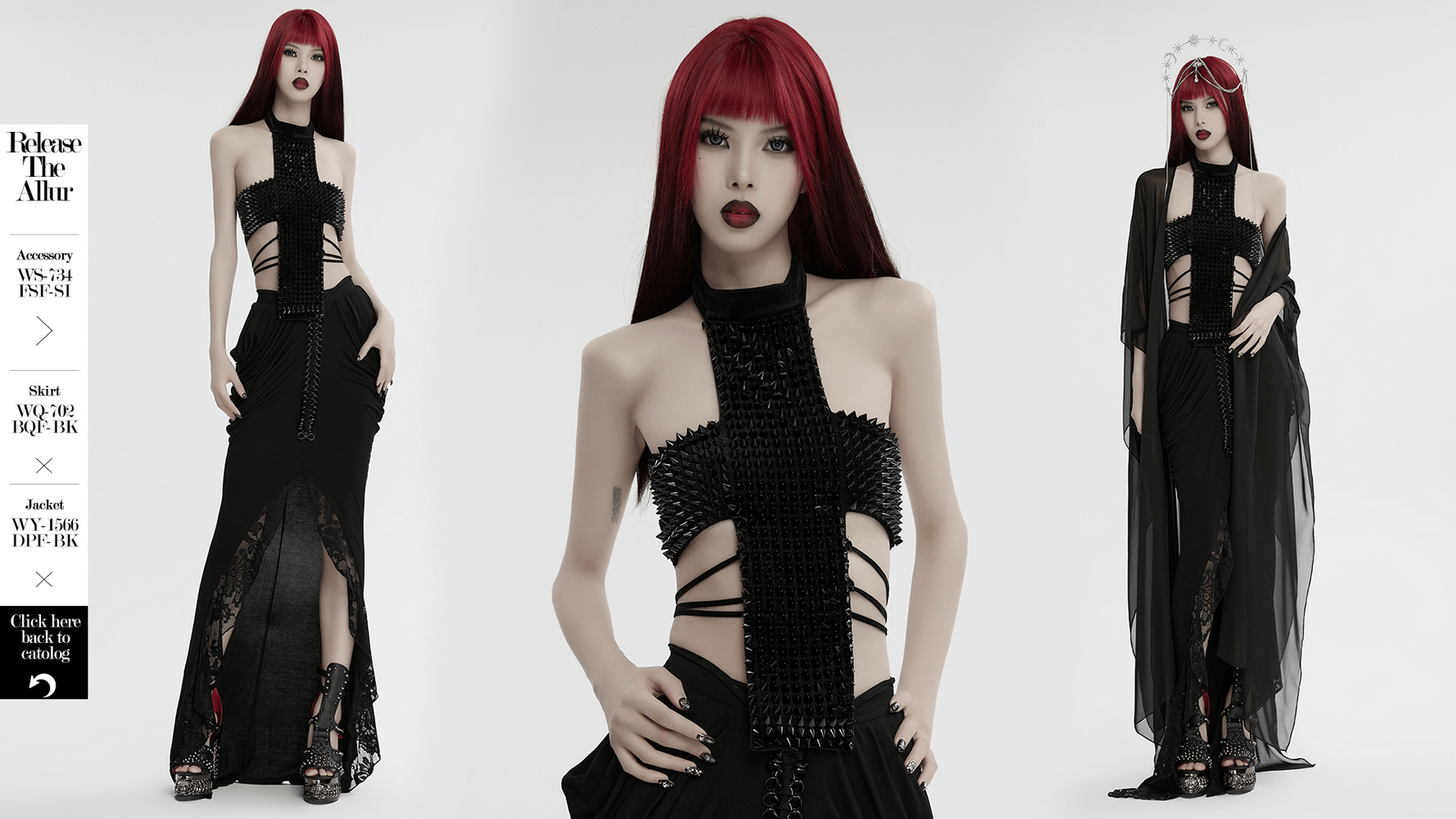 Gothic velvet halter top with spiked rivets and waist straps, showcasing an avant-garde look.
