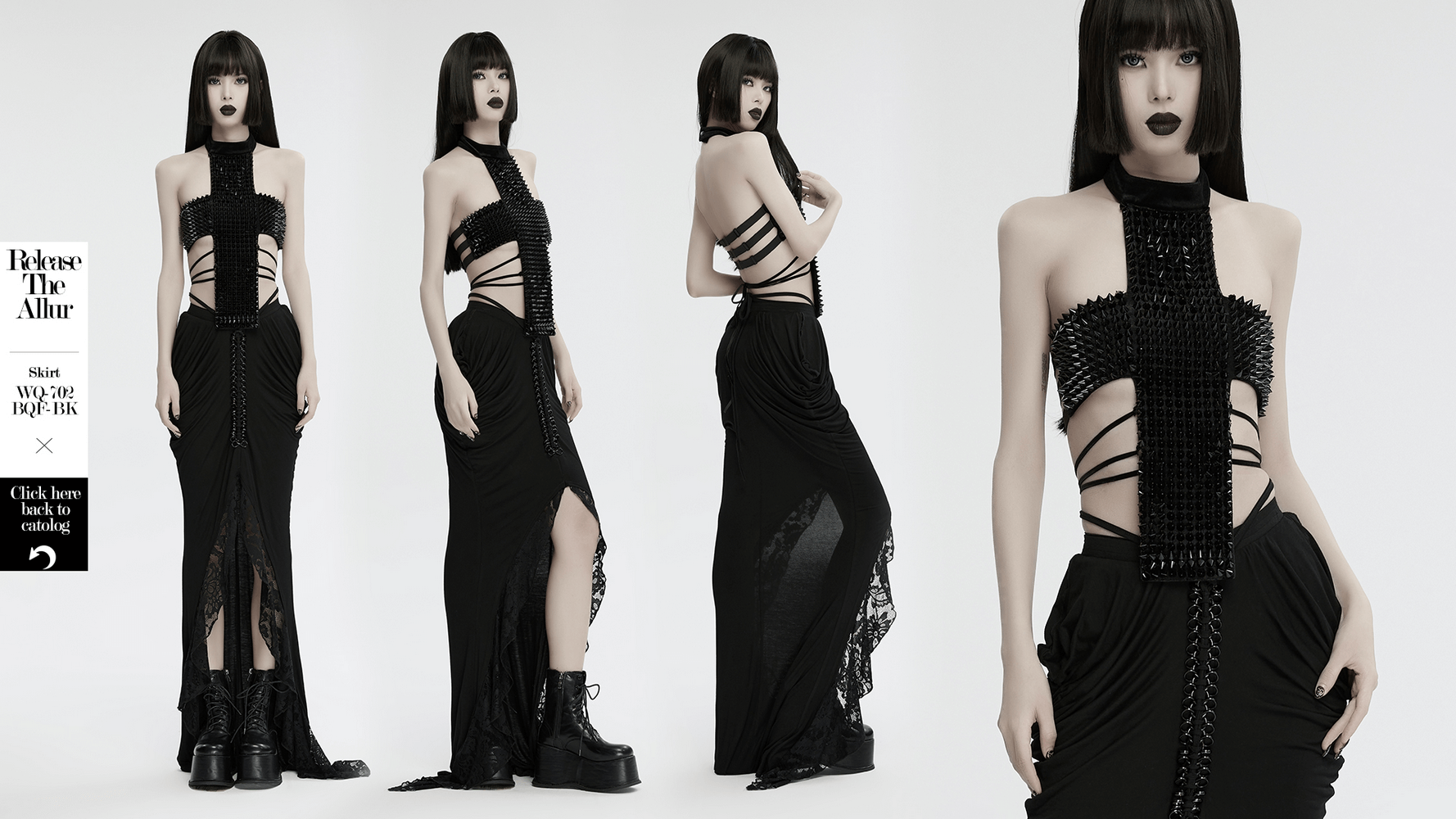 Gothic velvet halter top with spiked rivets and buckle straps, showcasing edgy avant-garde style.