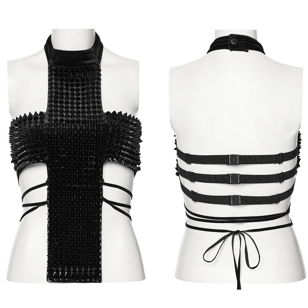 Gothic velvet halter top featuring spiked rivets and black waist straps for a striking avant-garde look.