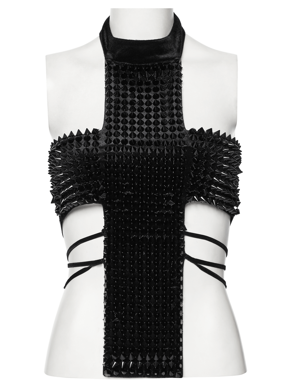 Gothic black velvet halter top with spiked rivets and stylish waist straps, perfect for bold fashion statements.