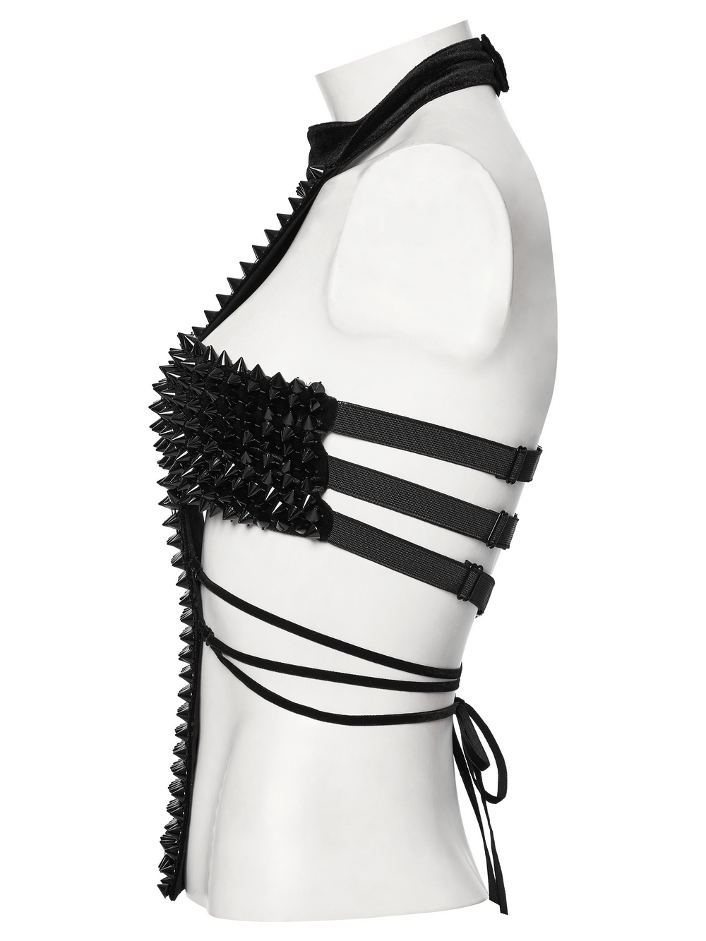 Side view of a gothic velvet halter top with spiked rivets and waist straps for an edgy, avant-garde style.