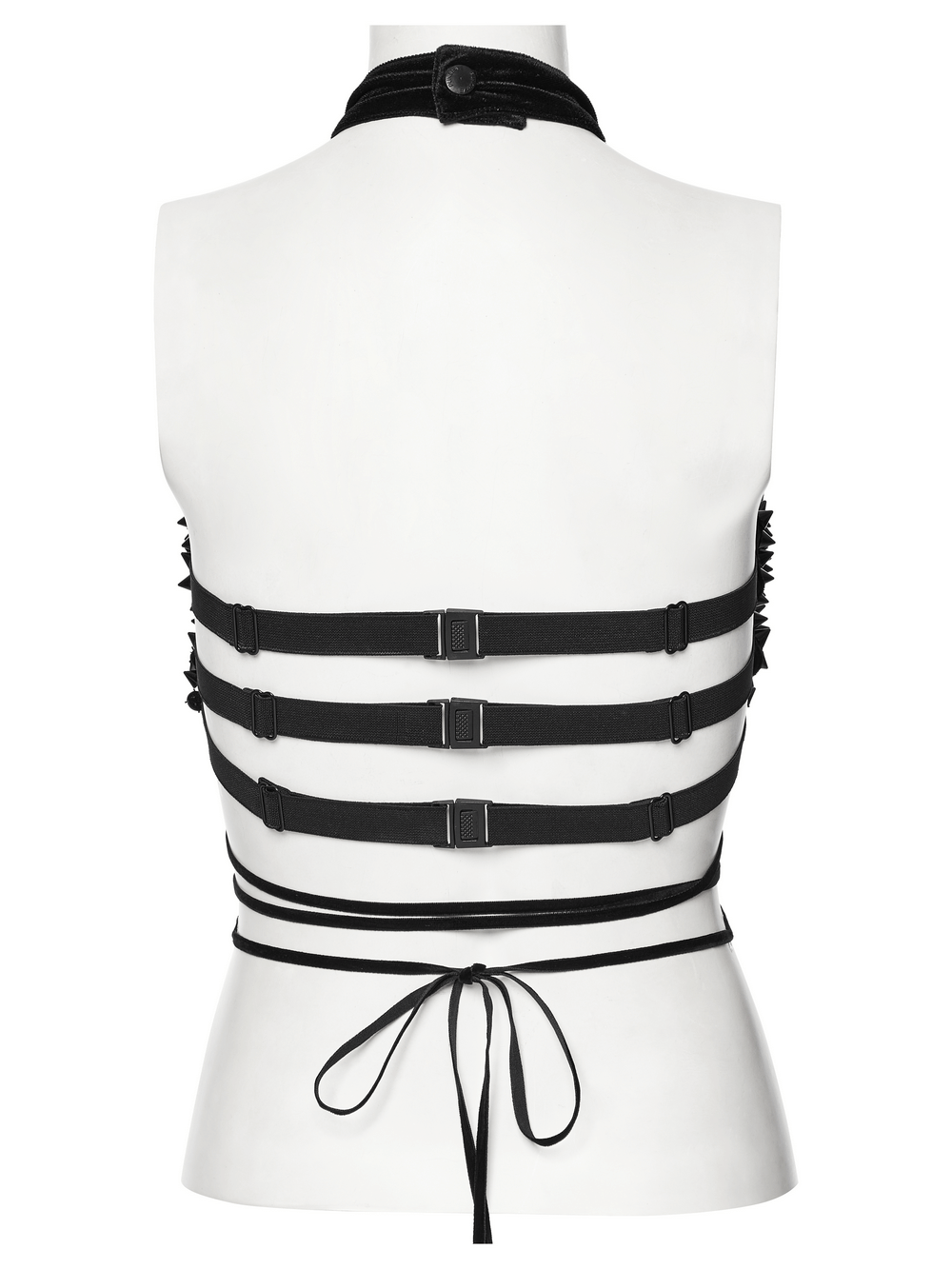 Back view of a Velvet Halter Top with spiked rivets and futuristic buckle straps, showcasing sexy waist strings.