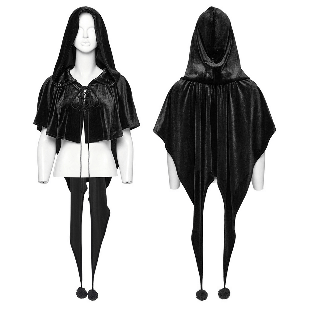 Black velvet hooded cape with drawstring for fantasy cosplay and theatrical costumes