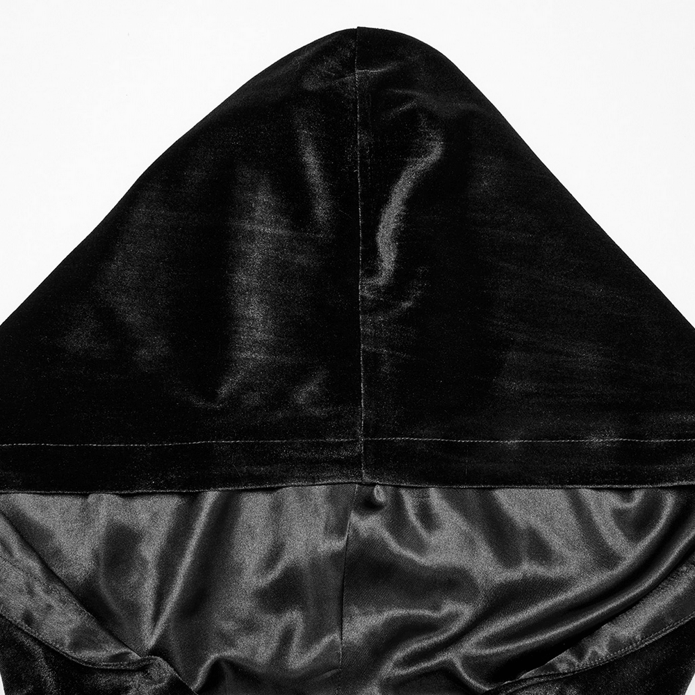 Close-up of a black velvet hood showcasing the smooth texture and elegant design for fantasy cosplay.