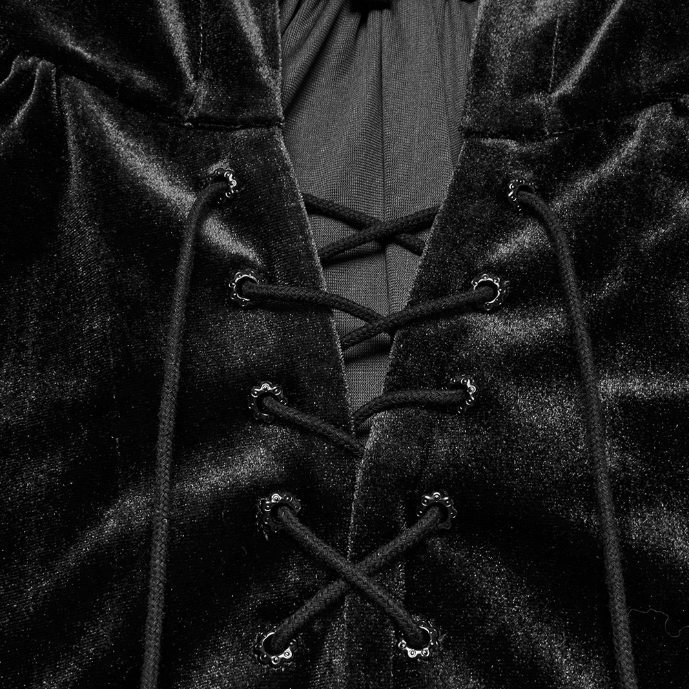 Close-up of velvet hooded cape lacing, showcasing adjustable design for a perfect fantasy cosplay fit.