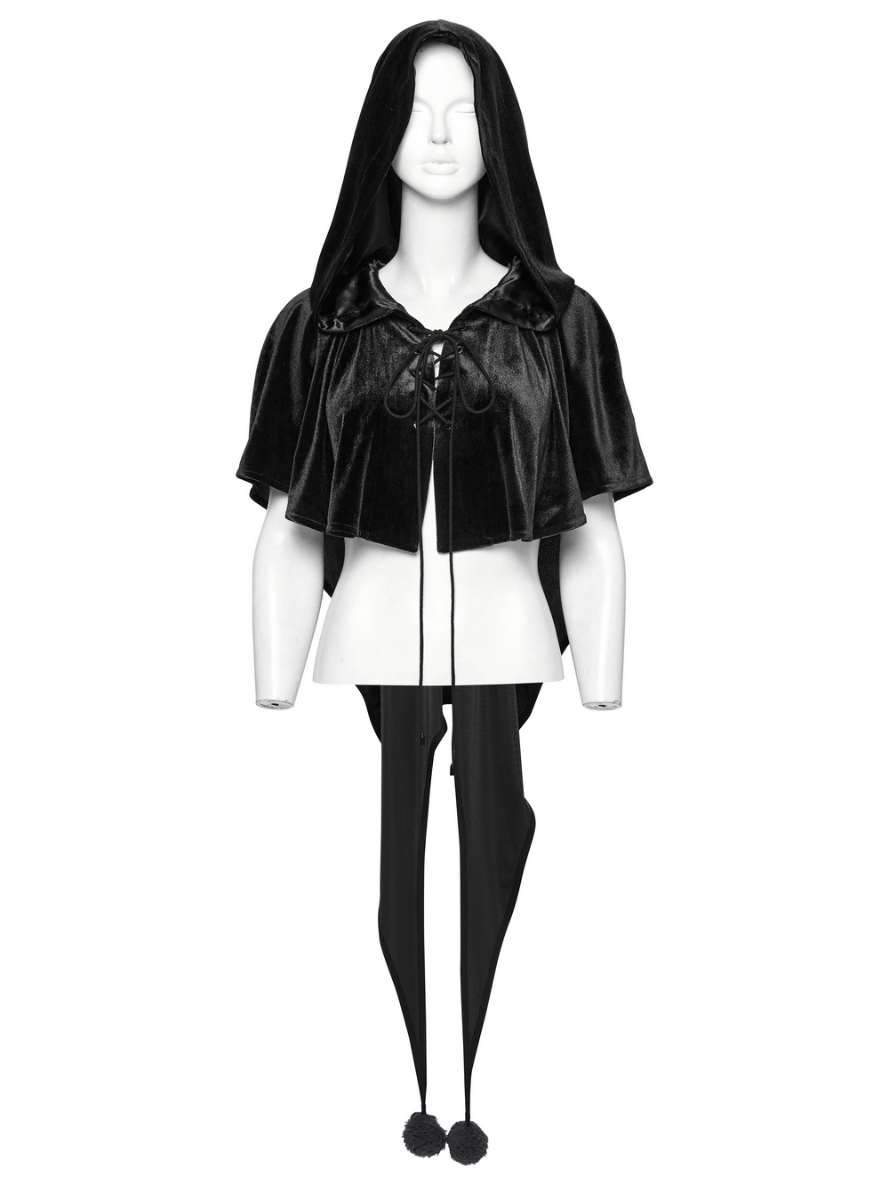 Elegant black velvet hooded cape with drawstring, perfect for fantasy cosplay and costumes.
