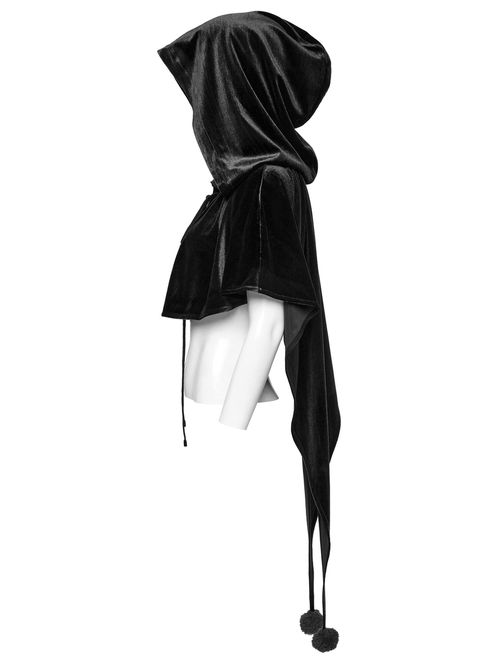 Velvet hooded cape on mannequin, showcasing adjustable drawstring and playful fur balls for fantasy costumes.