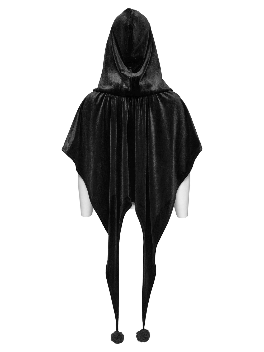 Elegant black velvet hooded cape with playful fur balls, perfect for fantasy cosplay and events.