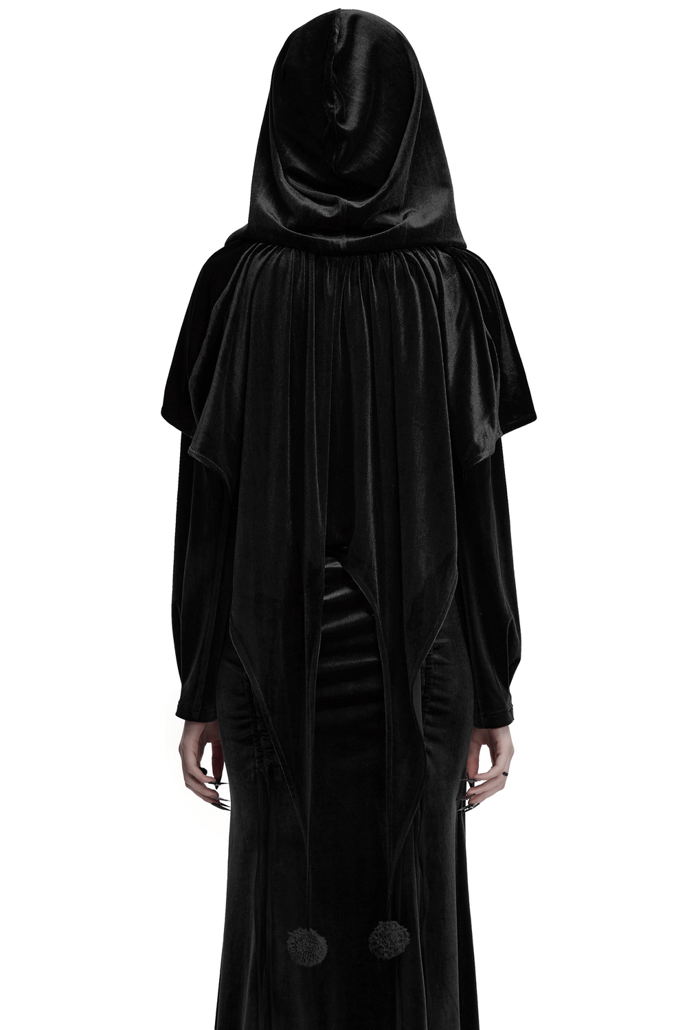 Back view of a velvet hooded cape with adjustable drawstring and fur balls, perfect for fantasy cosplay.