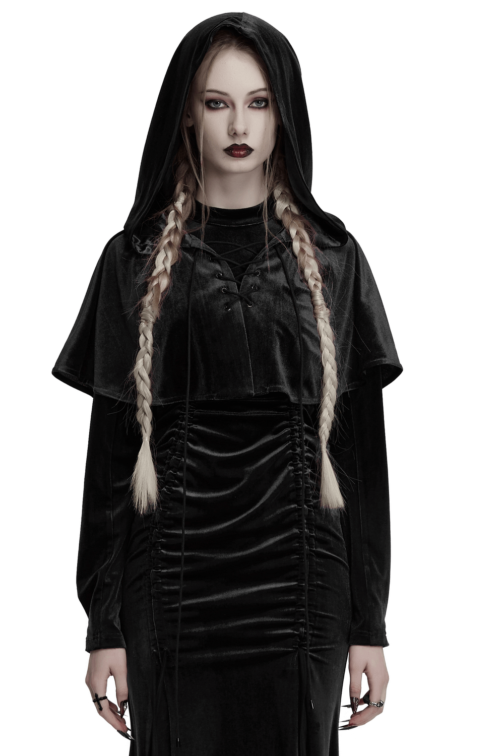 Mystical velvet hooded cape for fantasy cosplay, featuring a stylish design and elegant silhouette.