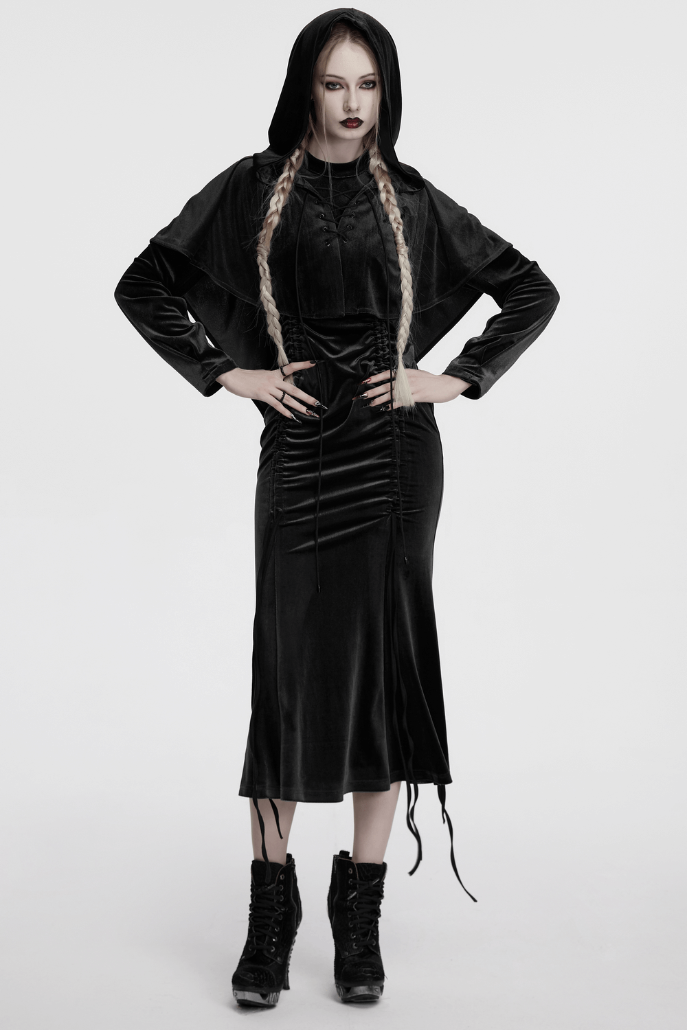 Mystical velvet hooded cape for fantasy cosplay, featuring adjustable drawstring and fur ball accents.