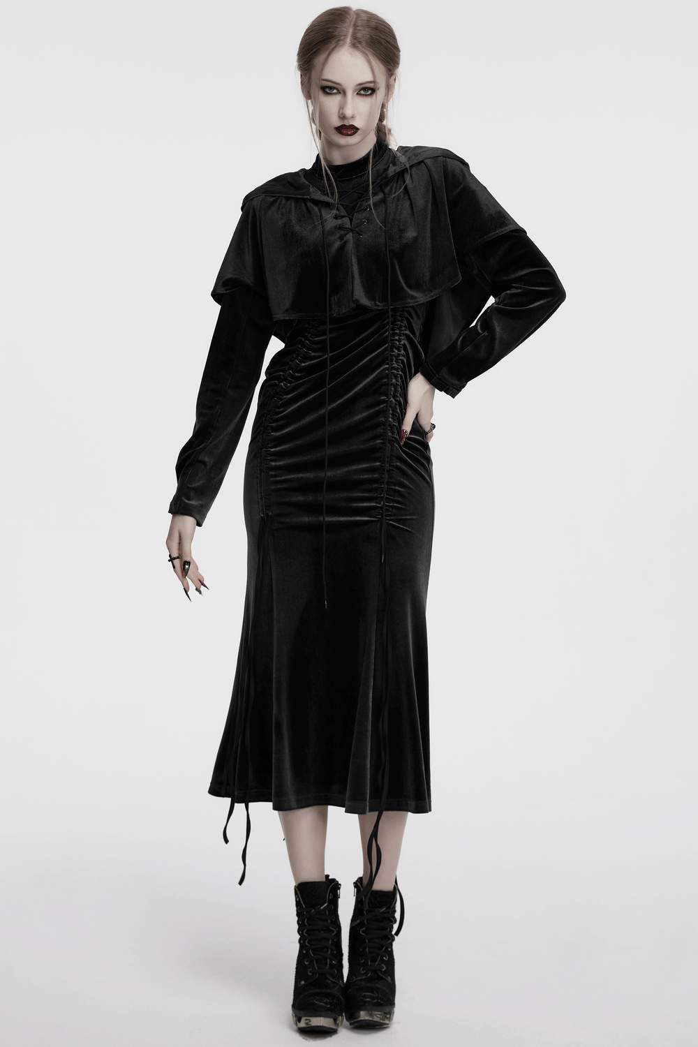 Mystical black velvet hooded cape dress with drawstring and ruching details for fantasy costumes.