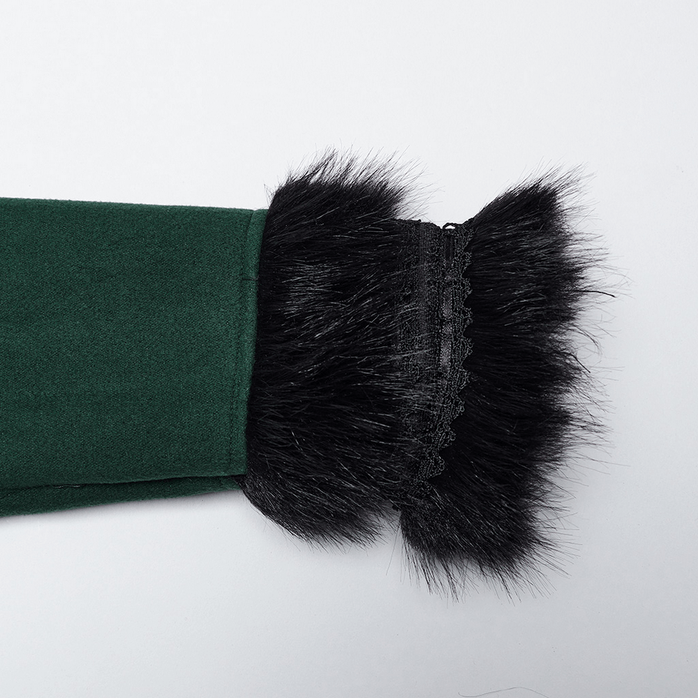 Close-up of a velvet coat's cuff featuring faux fur trim and lace detailing, adding a touch of vintage elegance.