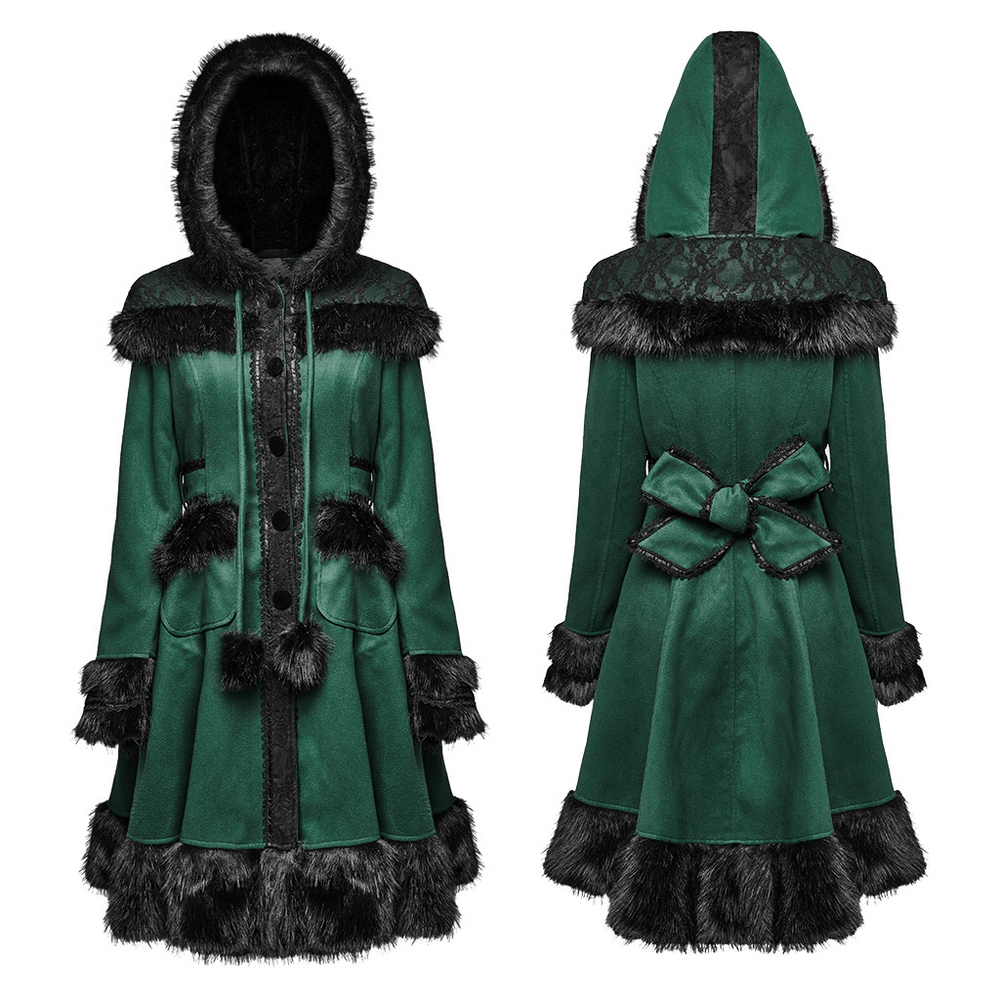 Stylish velvet hooded coat with faux fur trim, lace details, and a bow accent in a rich green color.