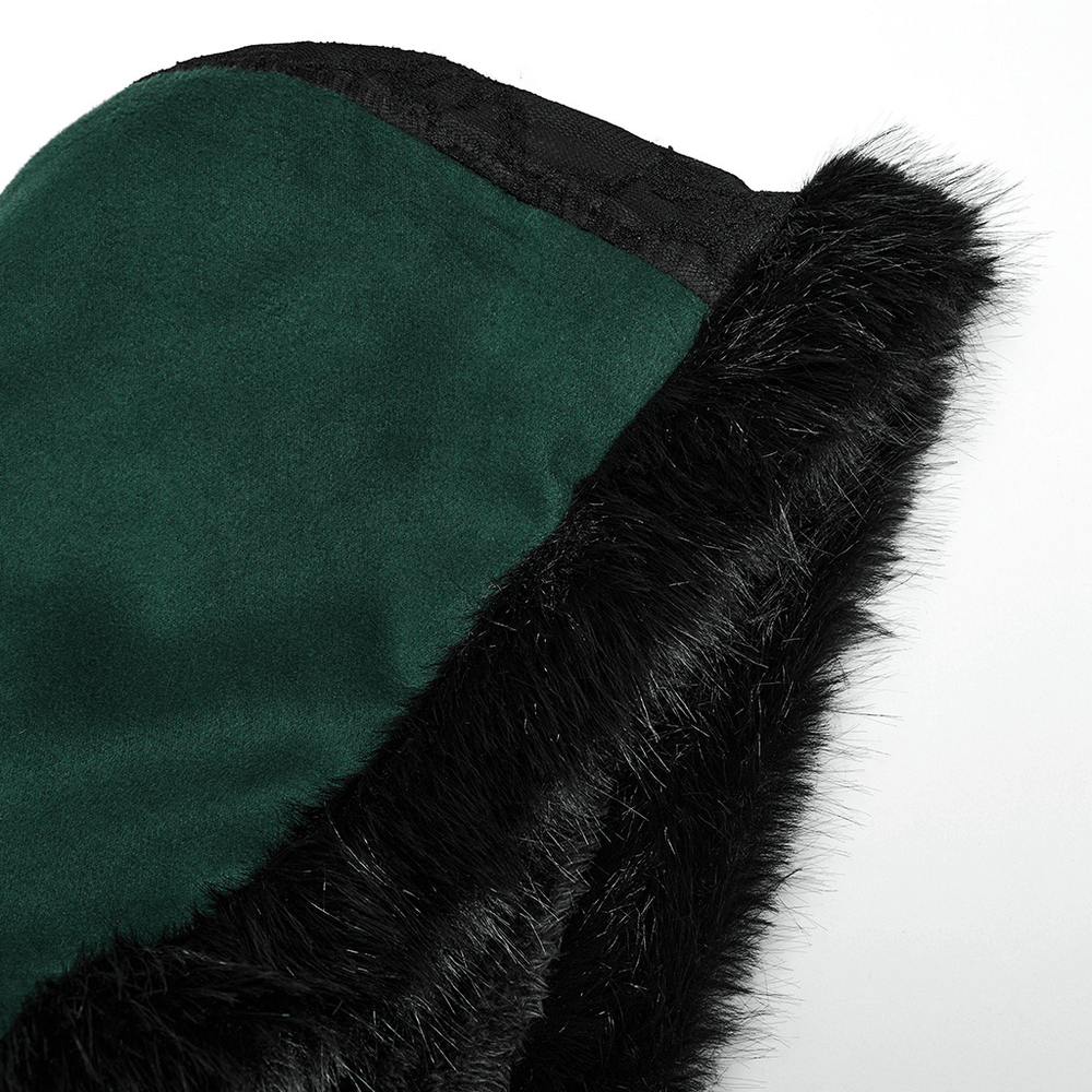 Close-up of a velvet hood trim featuring soft faux fur, capturing elegant vintage style and whimsical charm.
