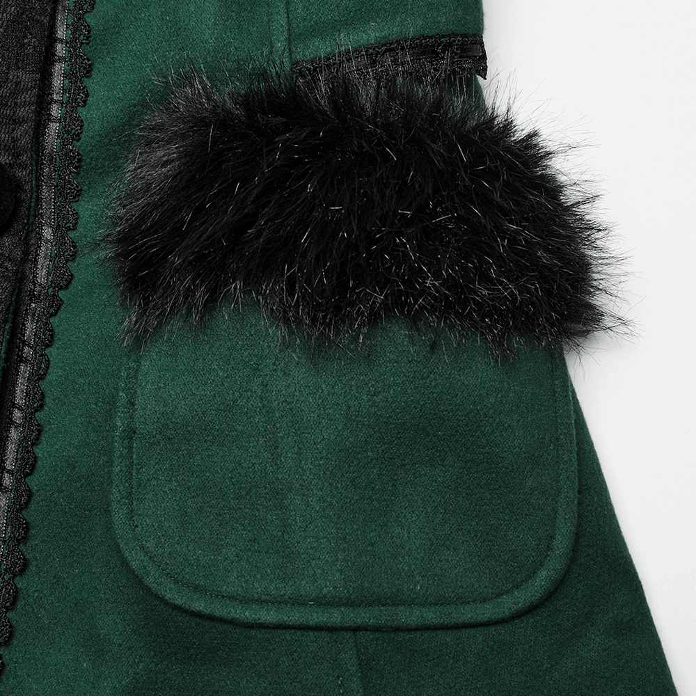 Close-up of velvet coat showcasing black faux fur trim on the sleeve and lace details for a vintage-inspired look.