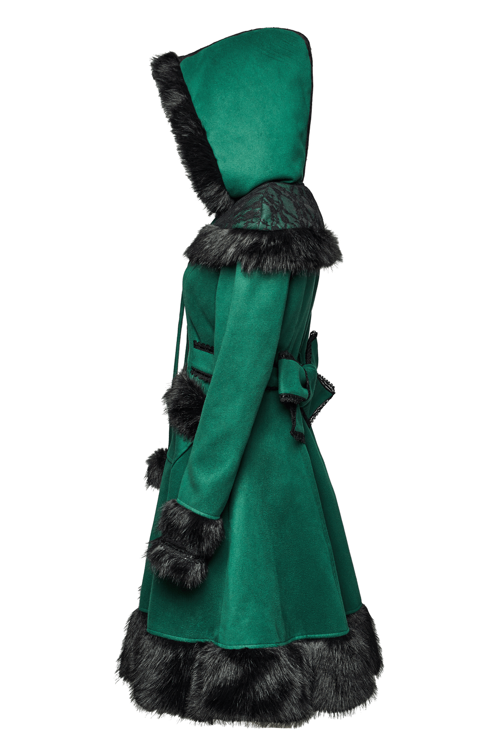 Elegant green velvet hooded coat with faux fur trim and playful bow accent, perfect for vintage-inspired style.