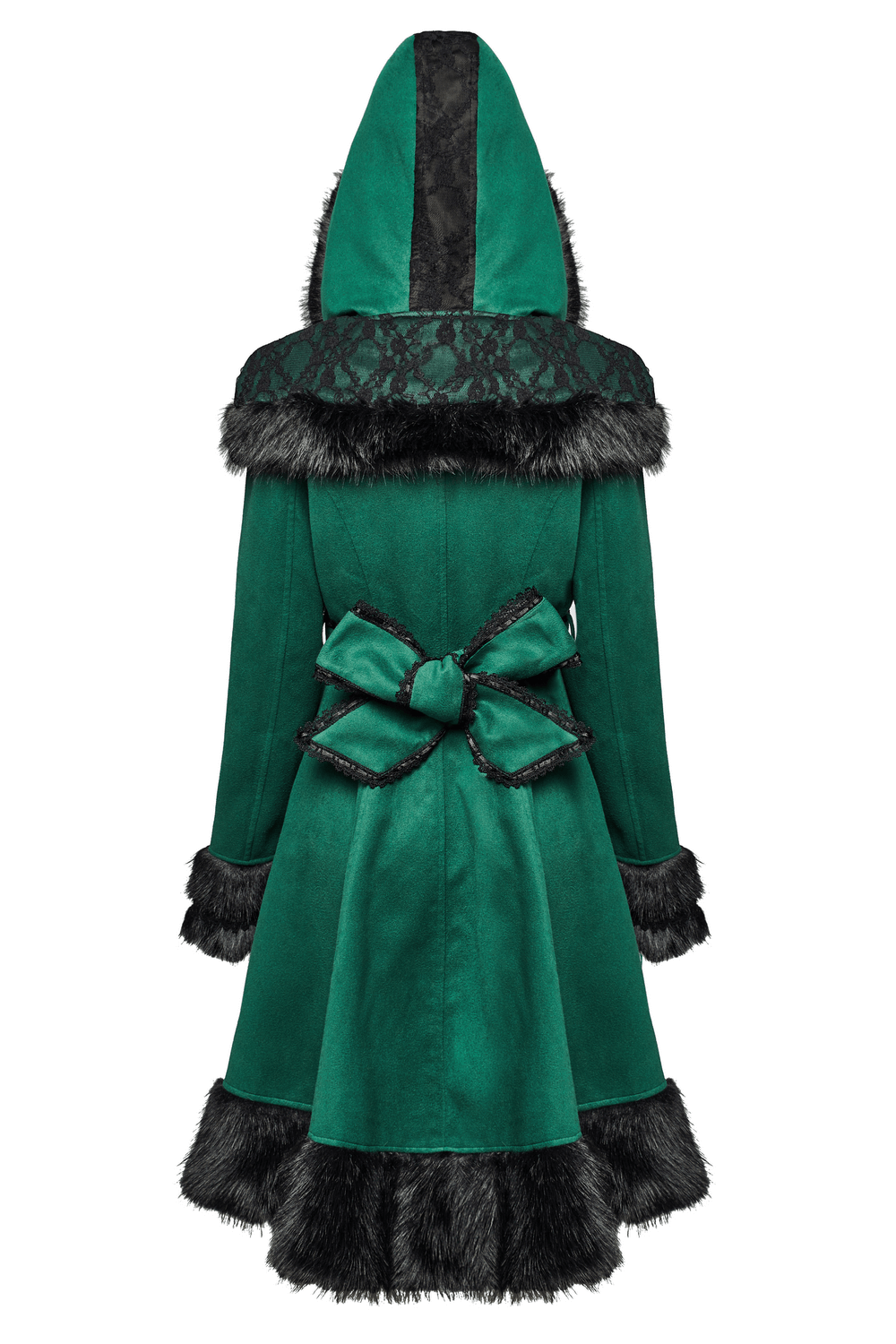 Elegant velvet hooded coat with faux fur trim, lace details, and a playful bow accent on the back.