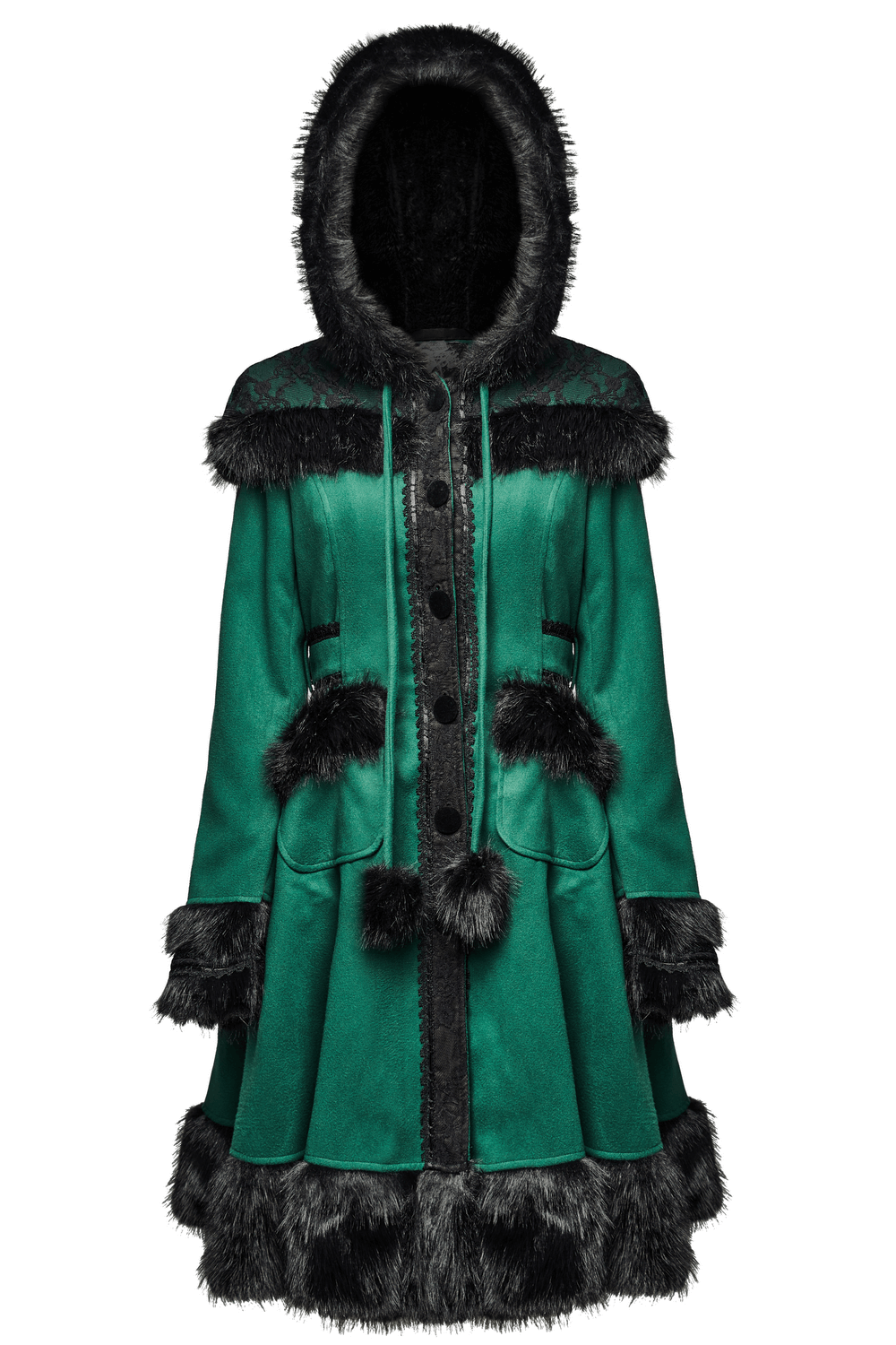 Elegant velvet hooded coat with faux fur trim, bow accent, and whimsical design, perfect for vintage-inspired outfits.