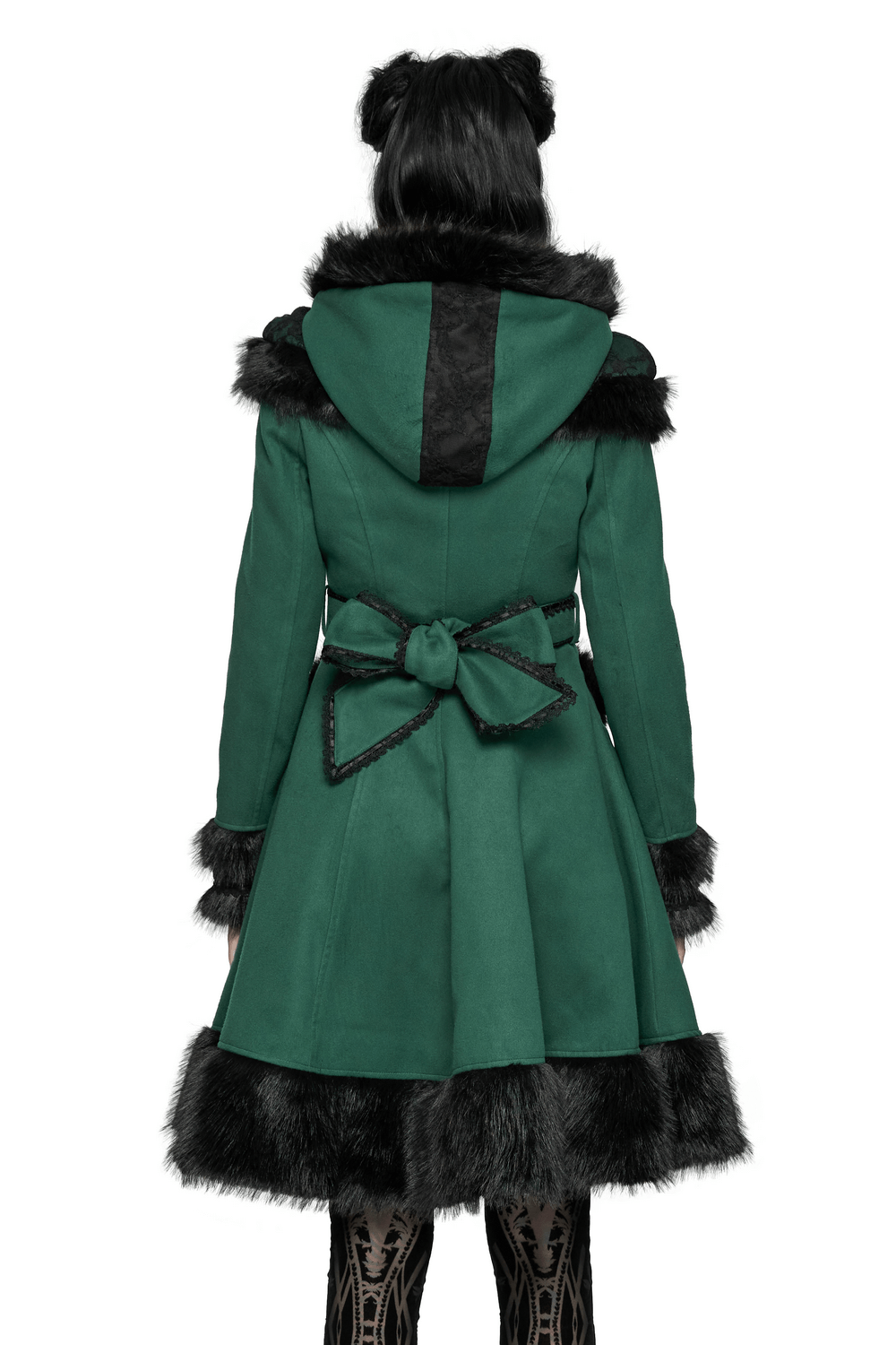 Back view of a velvet hooded coat with faux fur trim, bow accent, and A-line silhouette in elegant green.