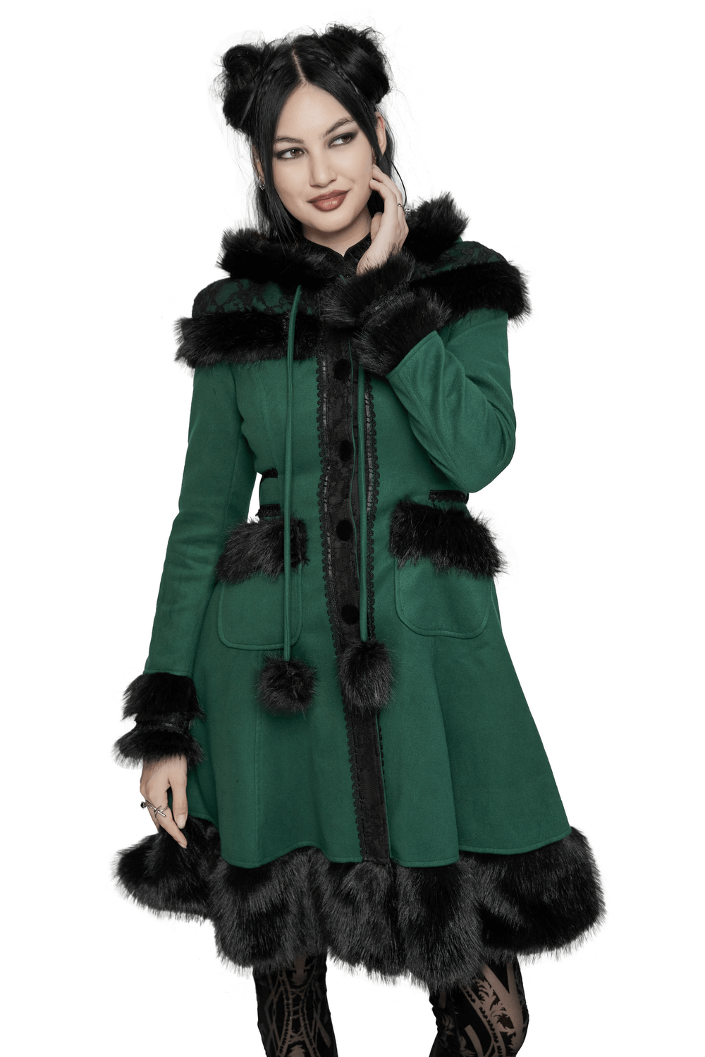 Elegant velvet hooded coat in green with faux fur trim and playful bows, creating a vintage-inspired winter look.