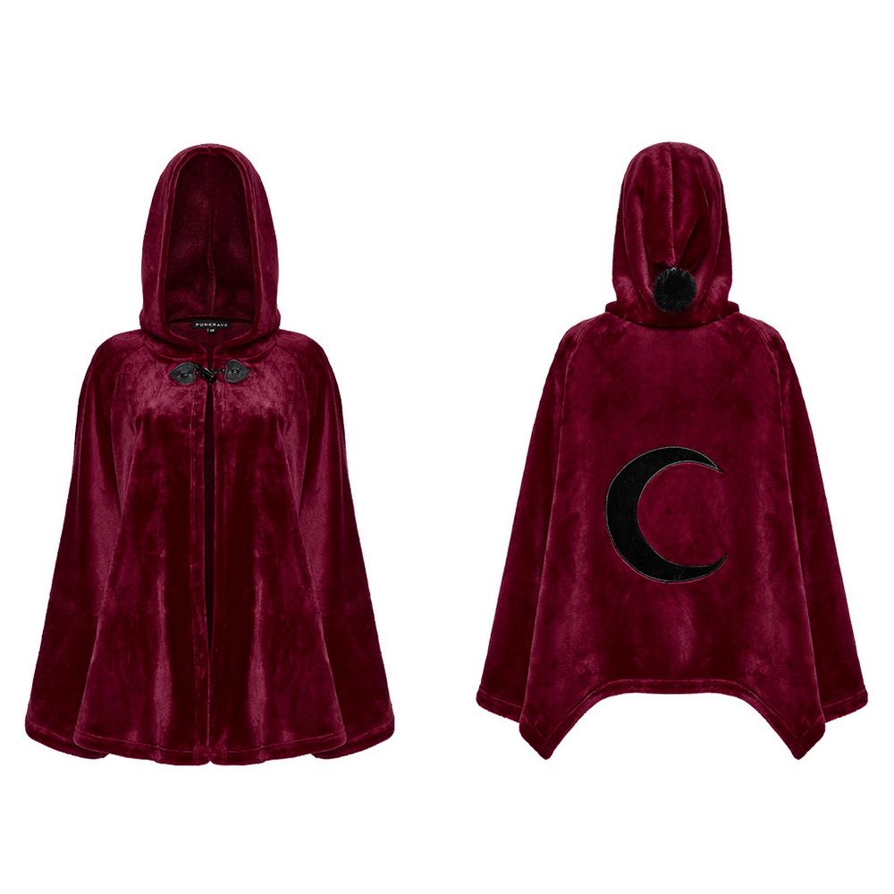 Dark velvet hooded moon cape with embroidered crescent design, perfect for a mystical, cozy look.