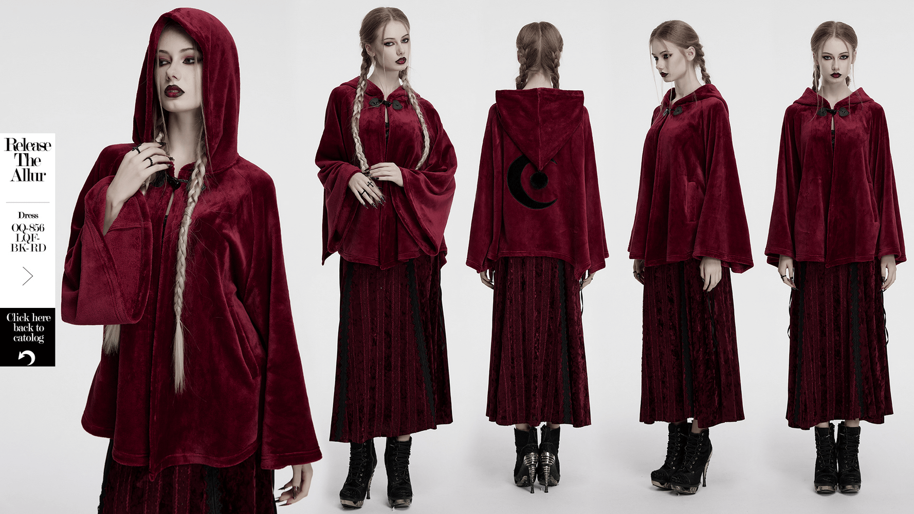 Dark velvet hooded moon cape with unique embroidery detail, showcasing a mystic style and flowing silhouette.