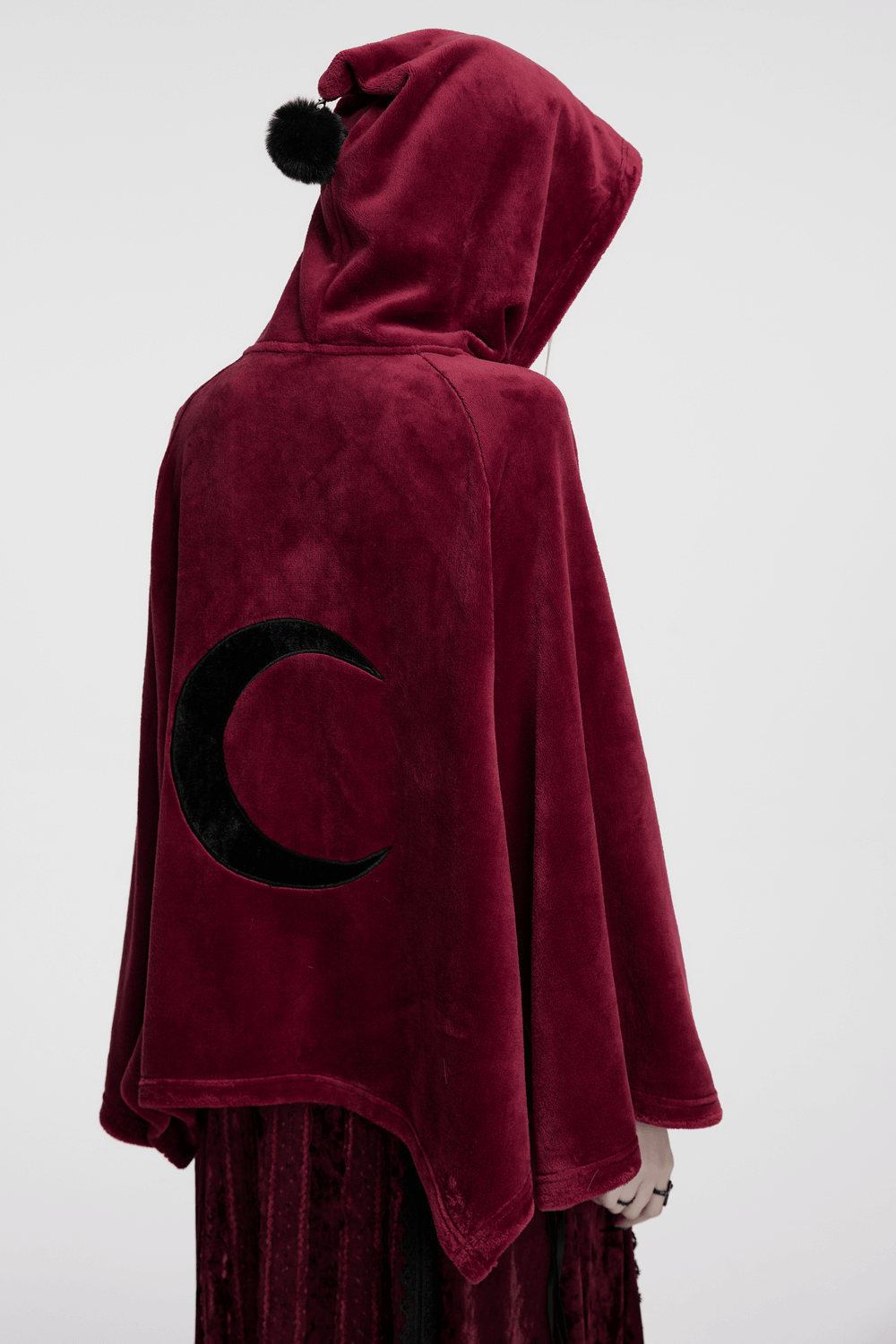 Dark velvet hooded moon cape with unique embroidery on the back, perfect for adding mystical charm to your outfit.