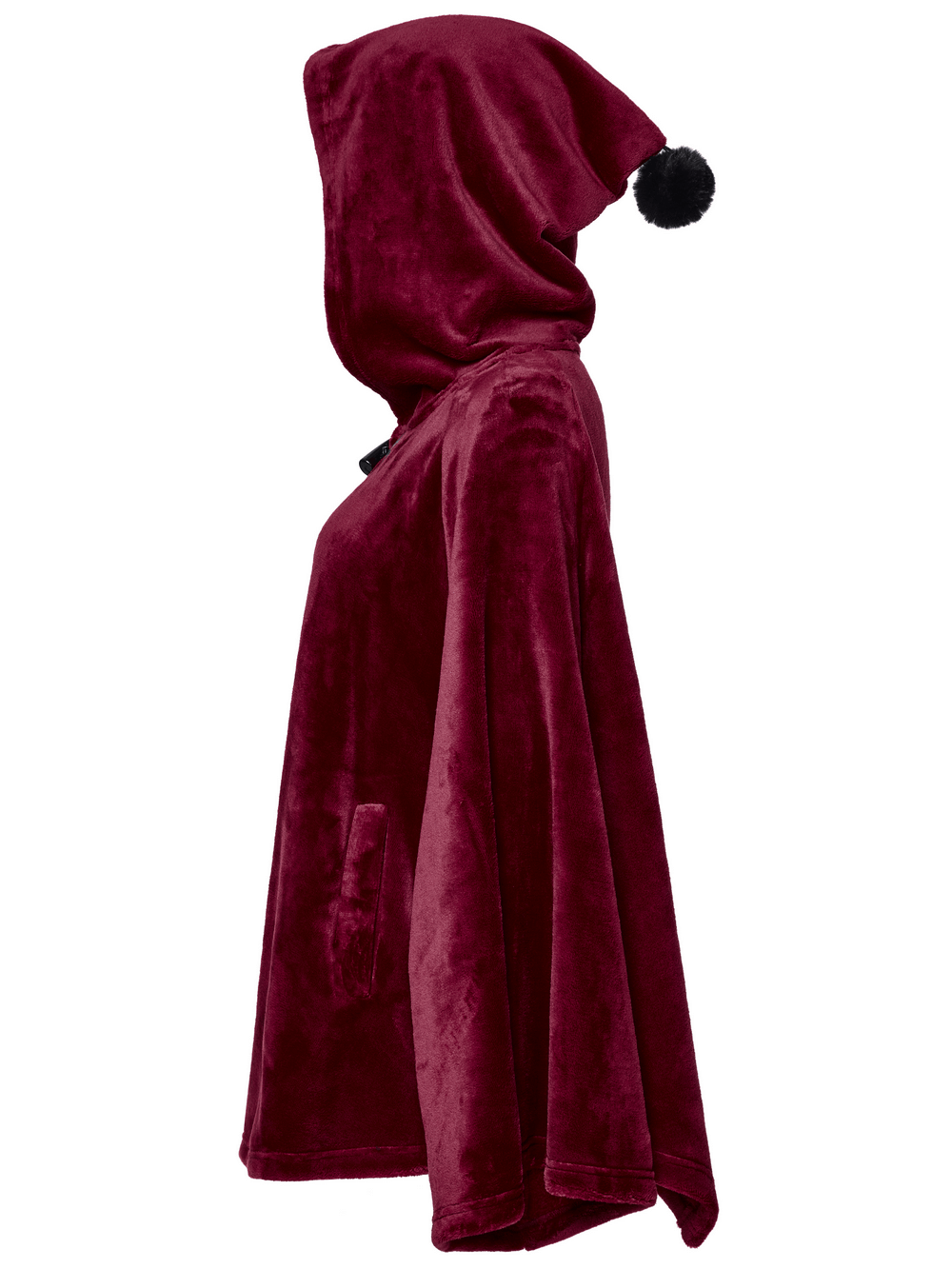 Side view of a luxurious dark velvet hooded moon cape featuring a stylish pom-pom detail.