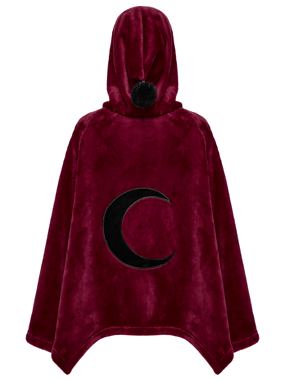 Dark velvet moon cape with hood and black moon embroidery on the back, perfect for mystical outfits.