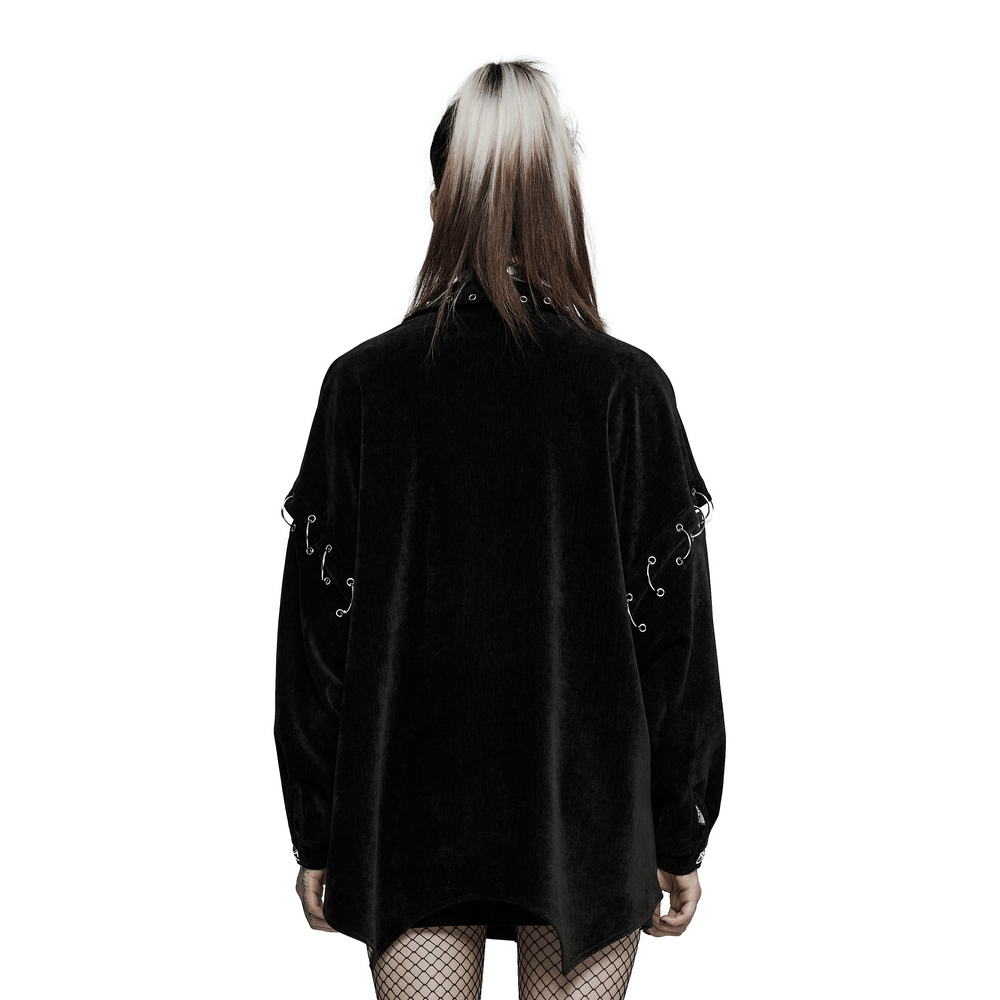 Back view of a black velvet punk shirt with detachable sleeves and iron rings, showcasing an edgy, relaxed fit.