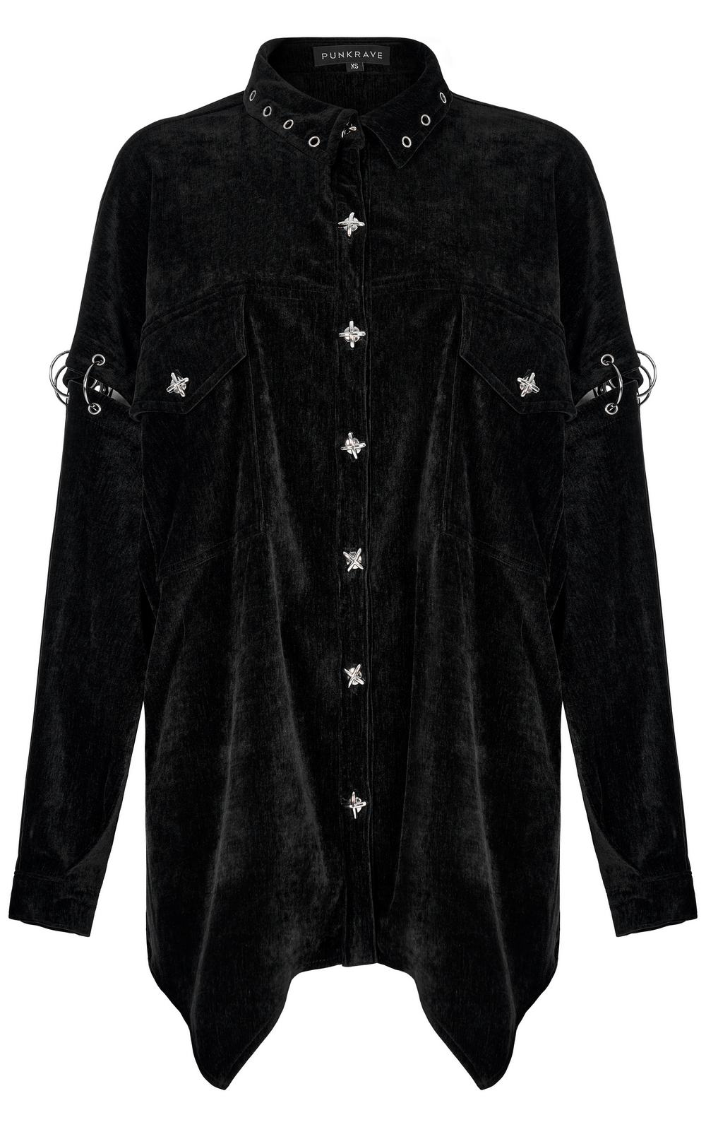 Black velvet punk shirt with detachable sleeves and iron rings for a stylish and versatile look.
