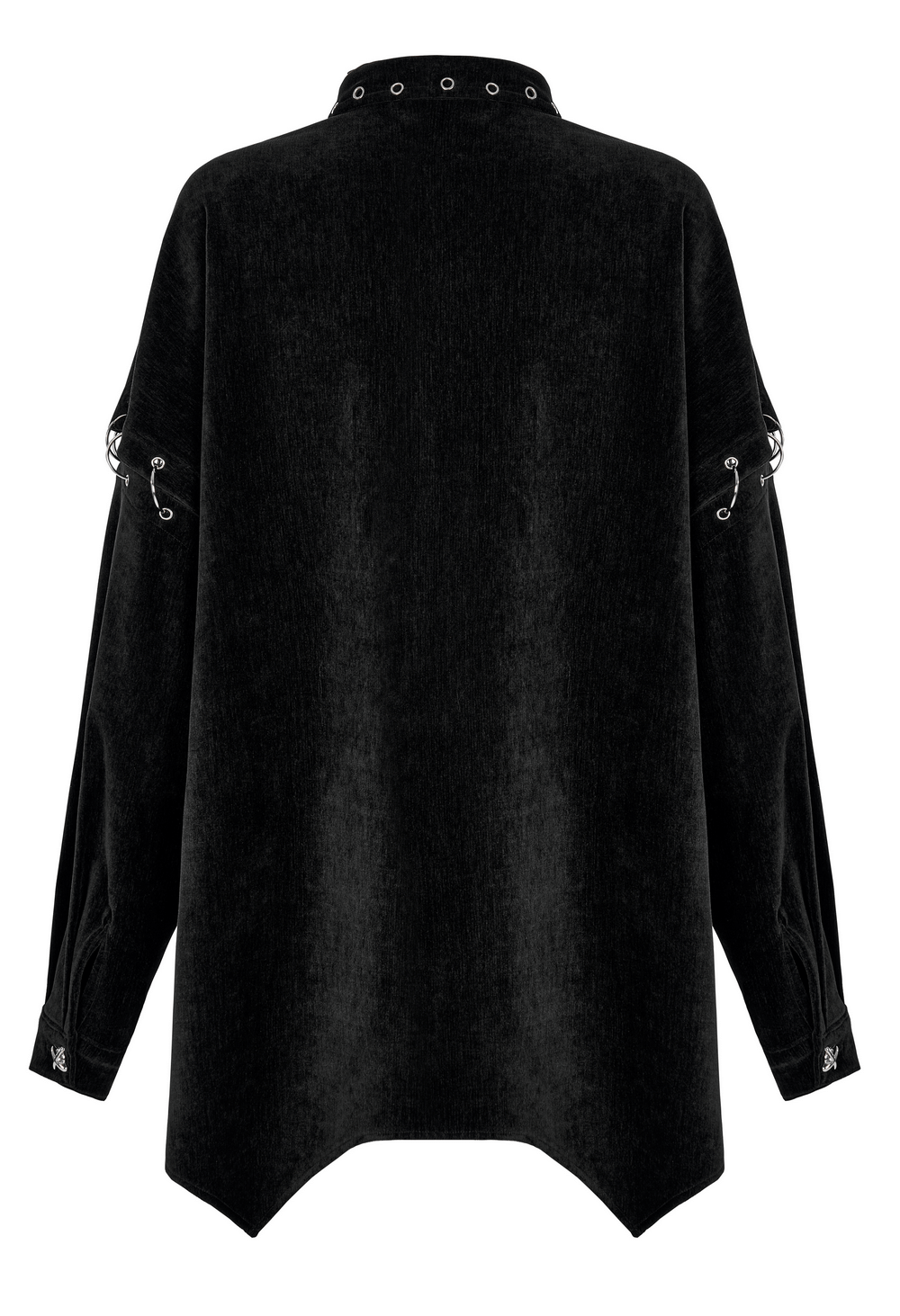 Back view of a black velvet punk shirt featuring detachable sleeves and iron ring details.