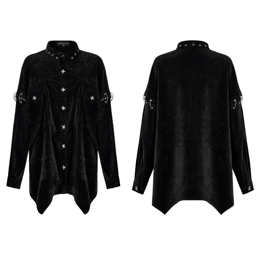 Black velvet punk shirt with detachable sleeves and iron rings, showcasing a loose fit and unique style.