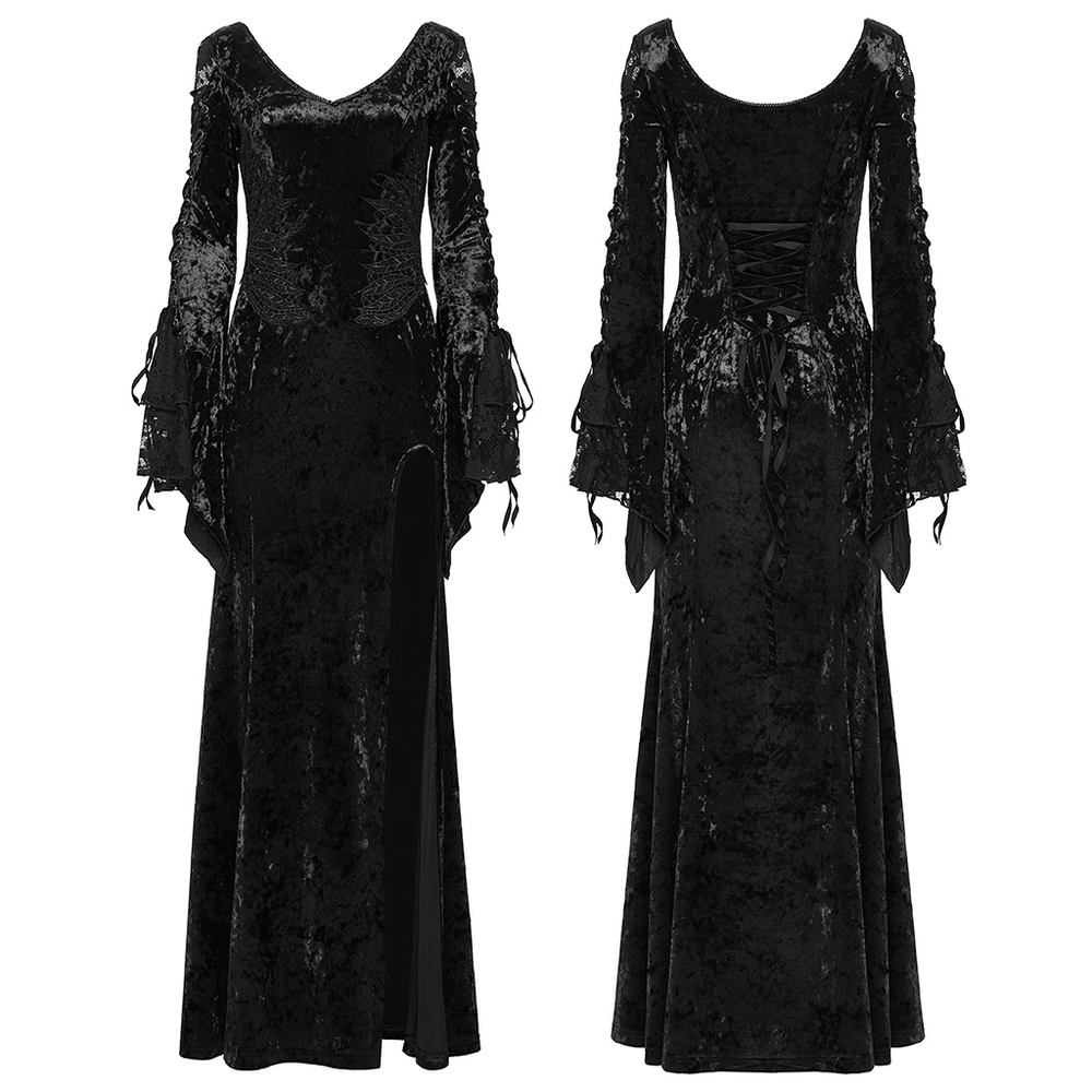 Velvet Lace Dress with Fishtail Sleeves and High Slit featuring fish scale pattern and sheer mesh.