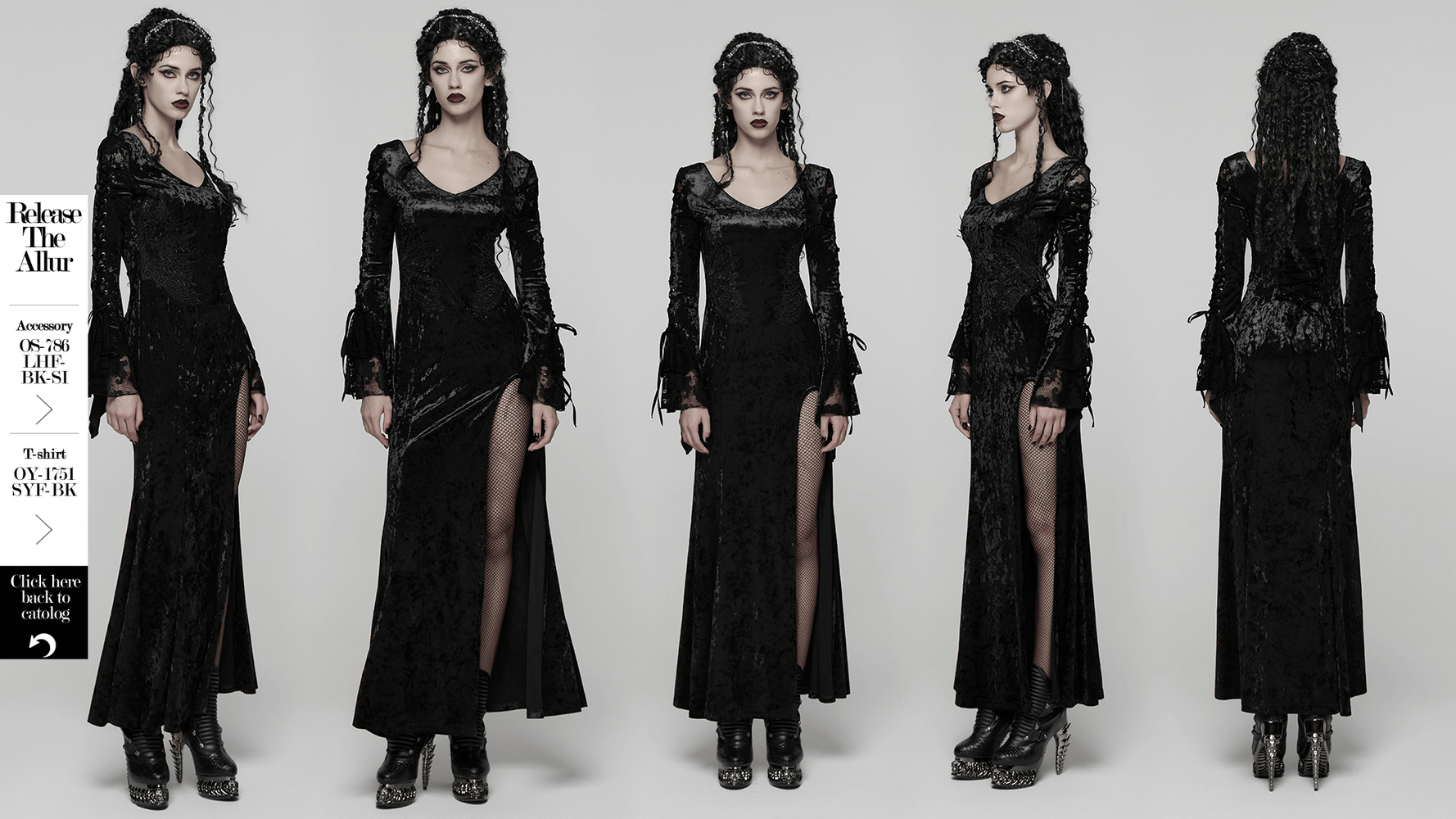 Velvet Lace Dress with Fishtail Sleeves and High Slit showcased in a punk style with sheer mesh and fish scale patterns.
