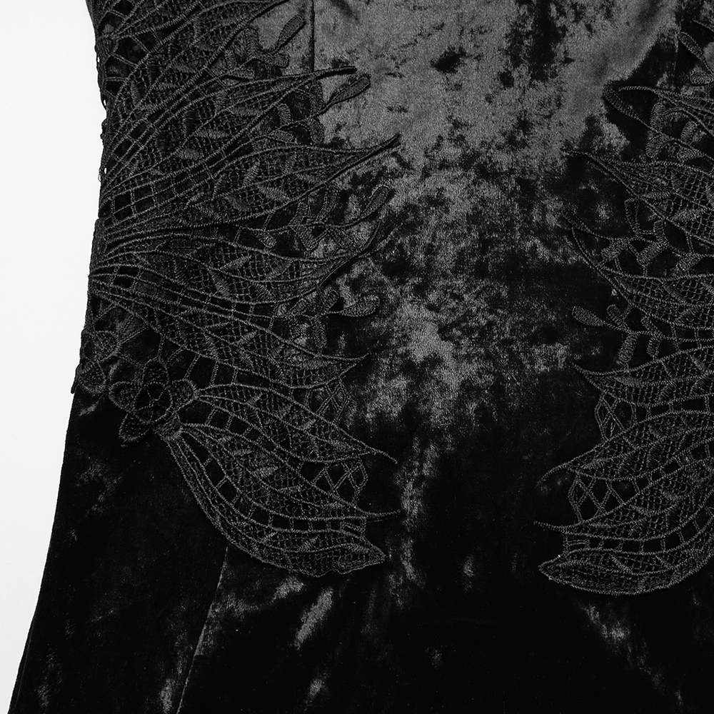Velvet Lace Dress with Fishtail Sleeves and High Slit showcasing intricate lace details on black fabric.