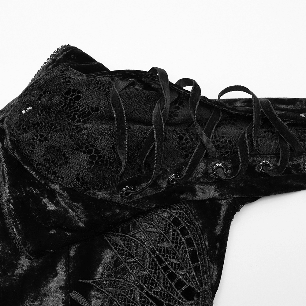 Velvet Lace Dress with Fishtail Sleeves and High Slit featuring intricate lace and velvet textures.