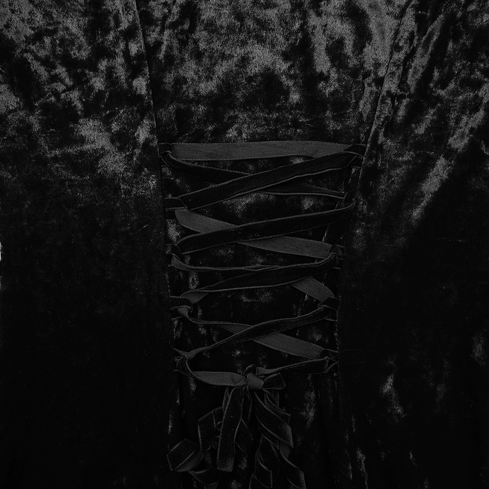 Velvet Lace Dress with Fishtail Sleeves and High Slit detail featuring black lace-up design on the front.