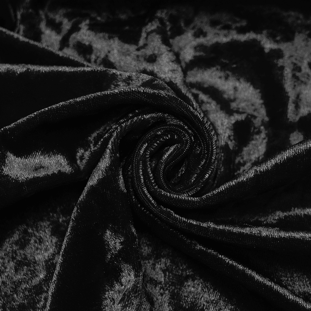 Velvet Lace Dress with Fishtail Sleeves and High Slit black fabric close-up showing luxurious texture