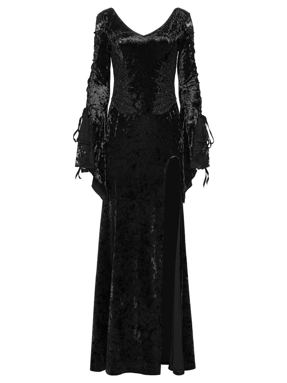 Velvet Lace Dress with Fishtail Sleeves and High Slit showcasing a punk rebellious style with fish scale pattern.
