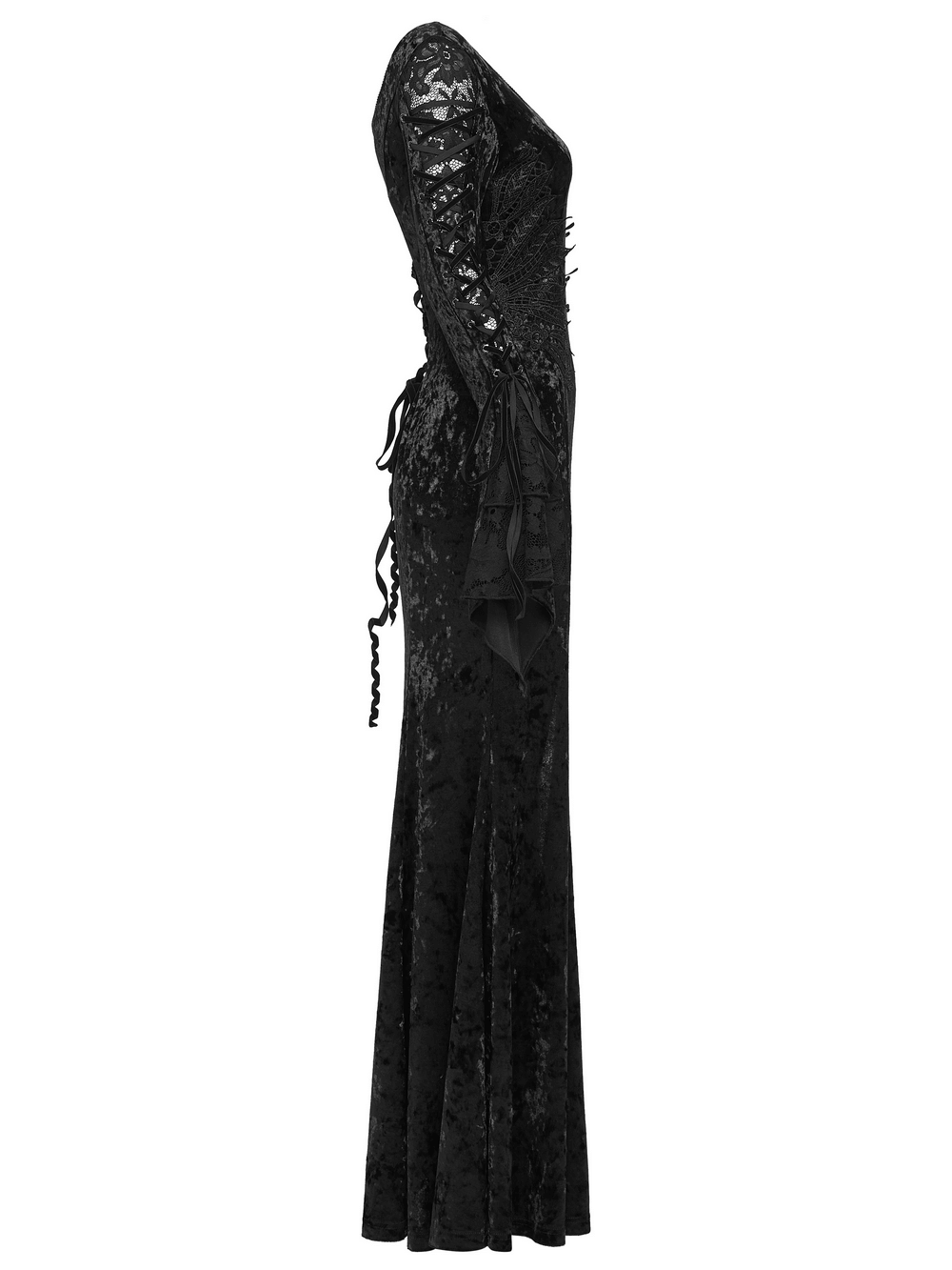 Velvet Lace Dress with Fishtail Sleeves and High Slit showcasing punk design and fish scale pattern on a mannequin.